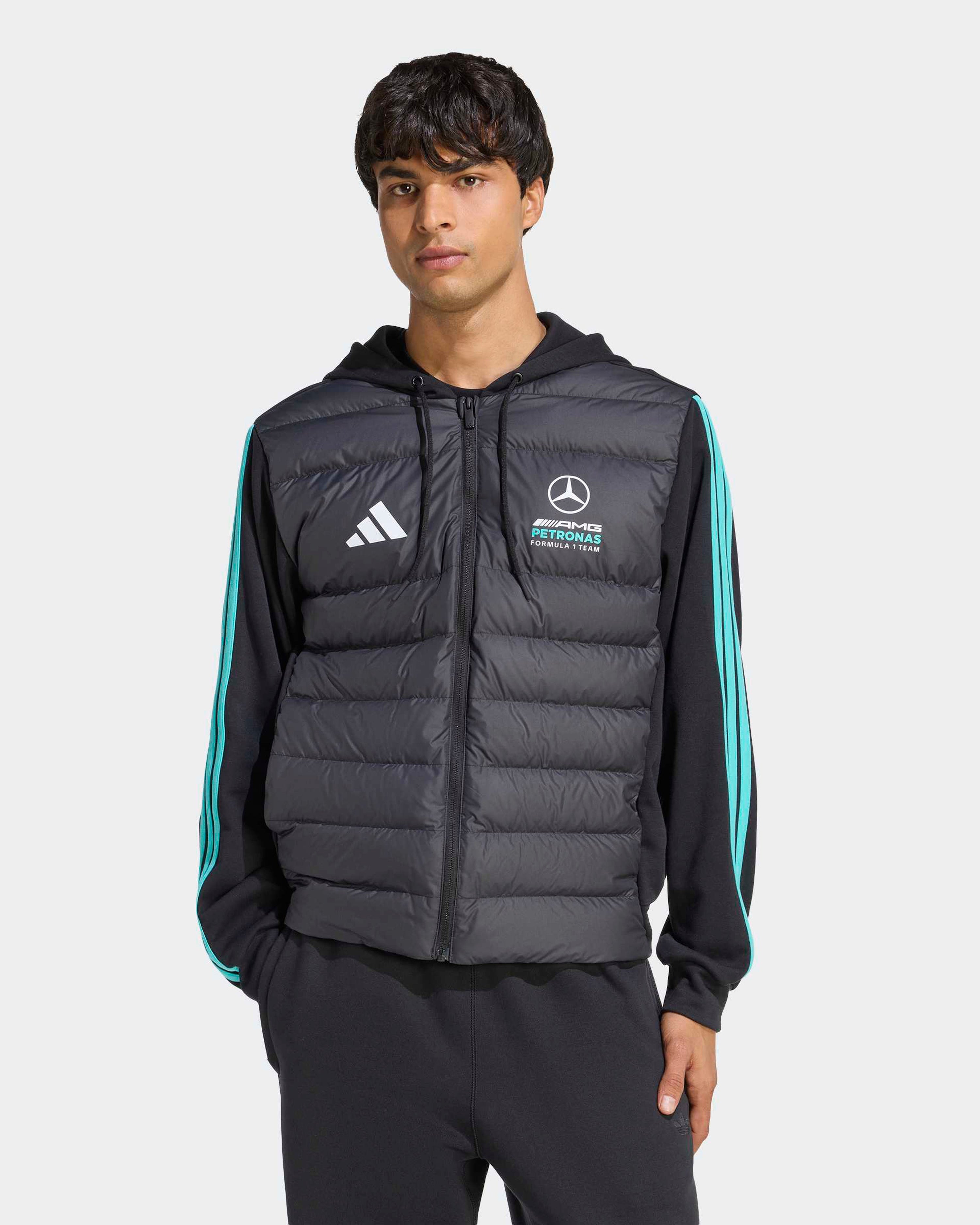 Mens DNA Puffer Jacket Black — primary product view showing Mercedes-AMG PETRONAS F1 styling and product details | Dash Racegear