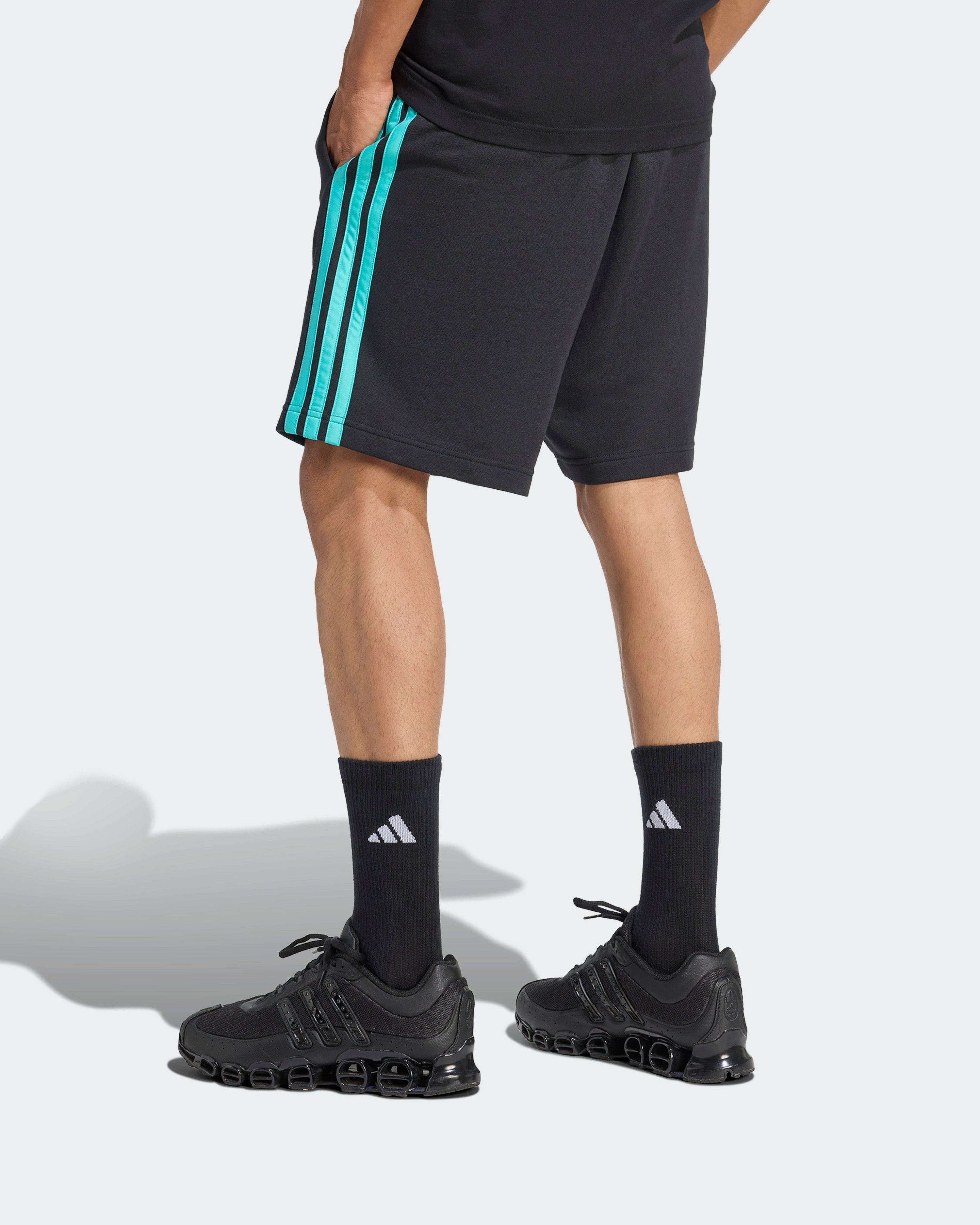 Mens DNA Shorts Black — close-up design detail showing Mercedes-AMG PETRONAS F1 styling and product details | Dash Racegear