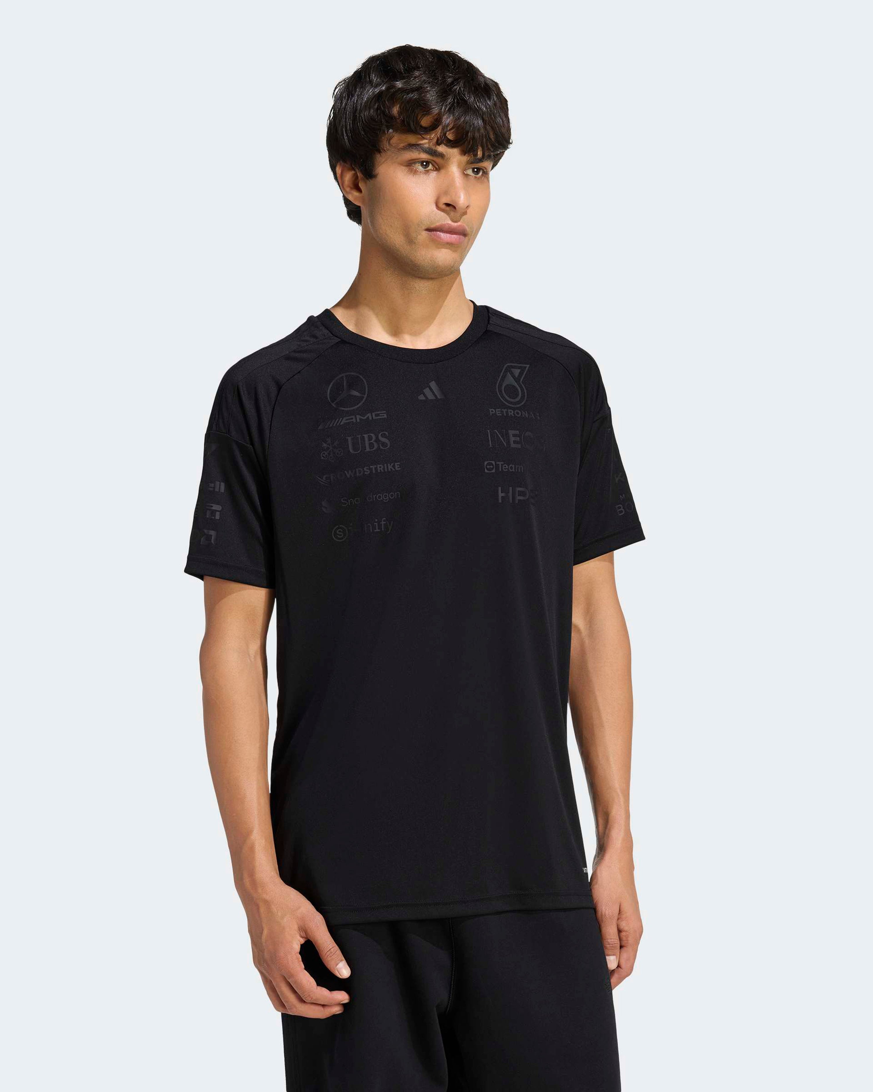 Mens 2026 Night Team Driver Tee Black — close-up design detail showing Mercedes-AMG PETRONAS F1 styling and product details | Dash Racegear