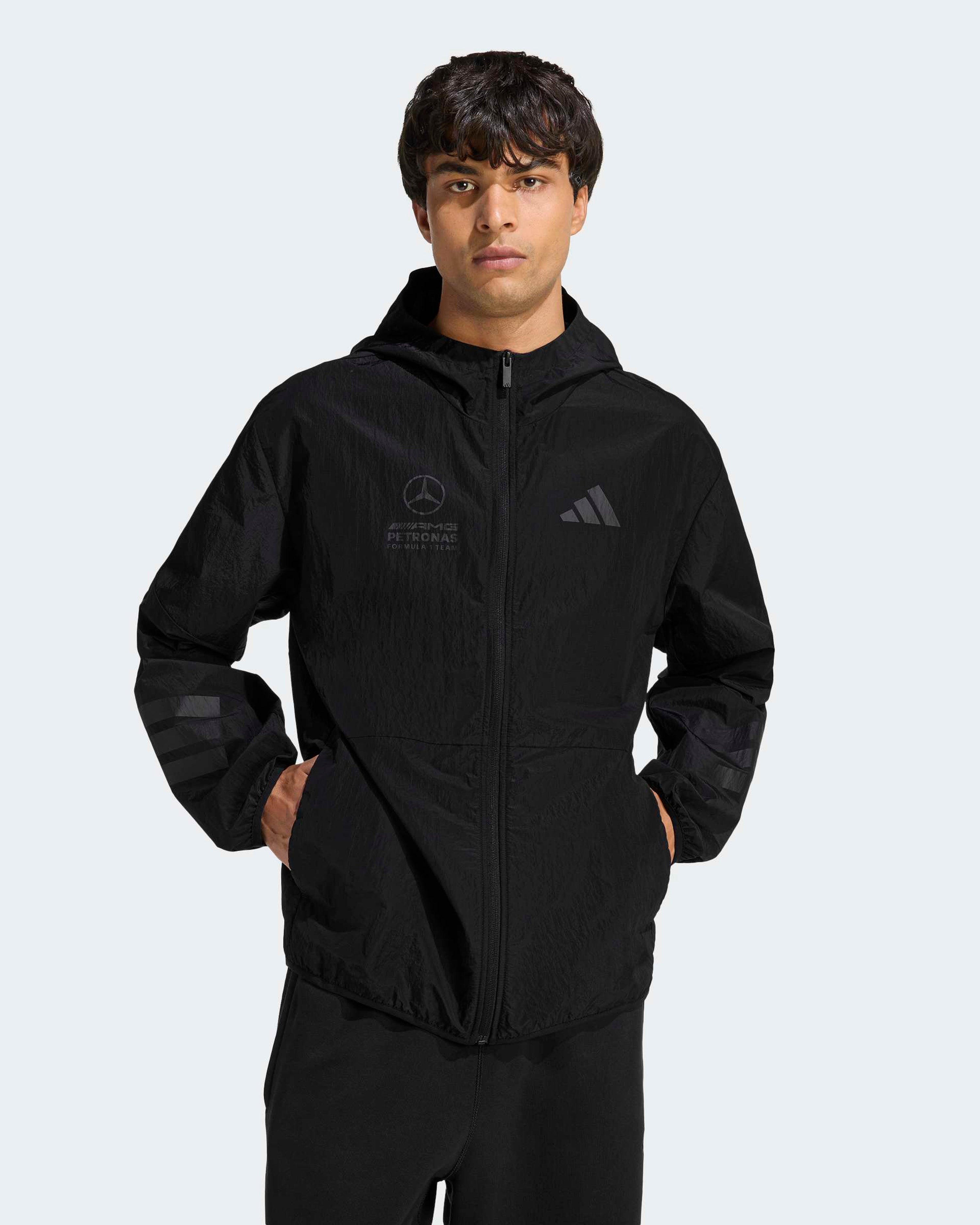 Mens Night Windbreaker Black — primary product view showing Mercedes-AMG PETRONAS F1 styling and product details | Dash Racegear