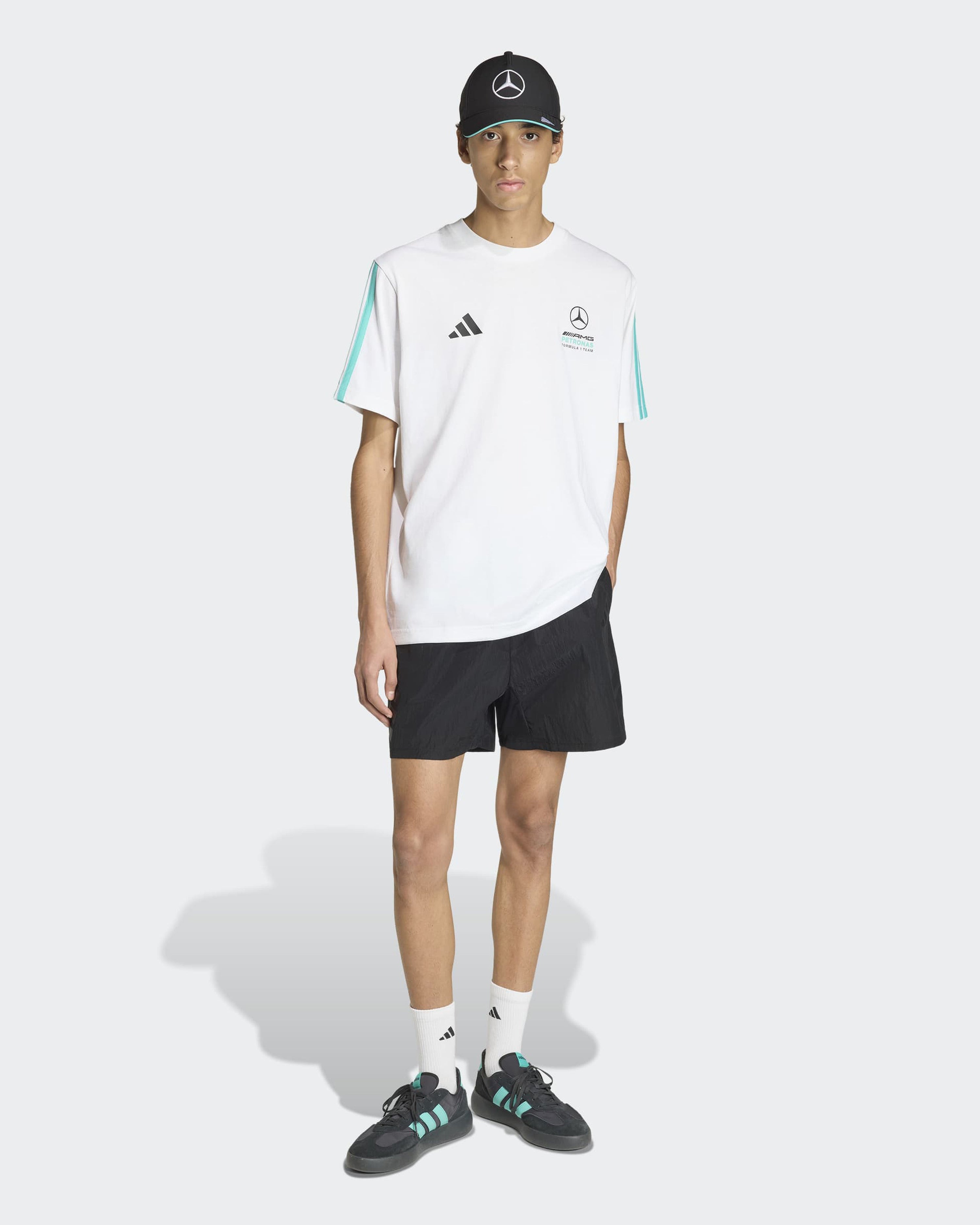 Mens Night Shorts Black — close-up design detail showing Mercedes-AMG PETRONAS F1 styling and product details | Dash Racegear