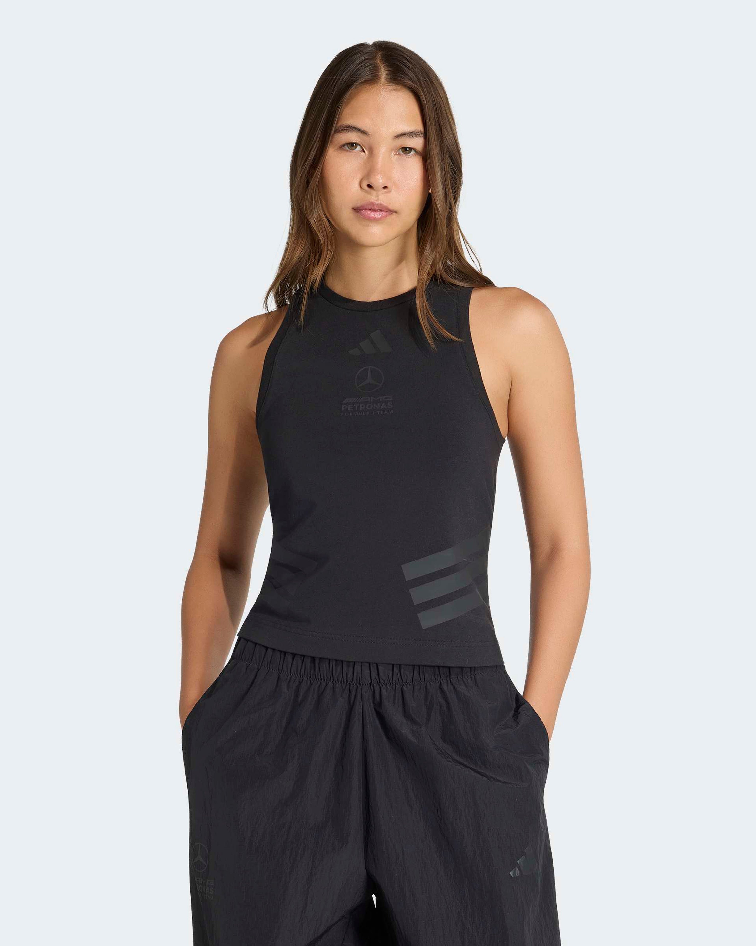 Womens Night Tank Top Black — primary product view showing Mercedes-AMG PETRONAS F1 styling and product details | Dash Racegear