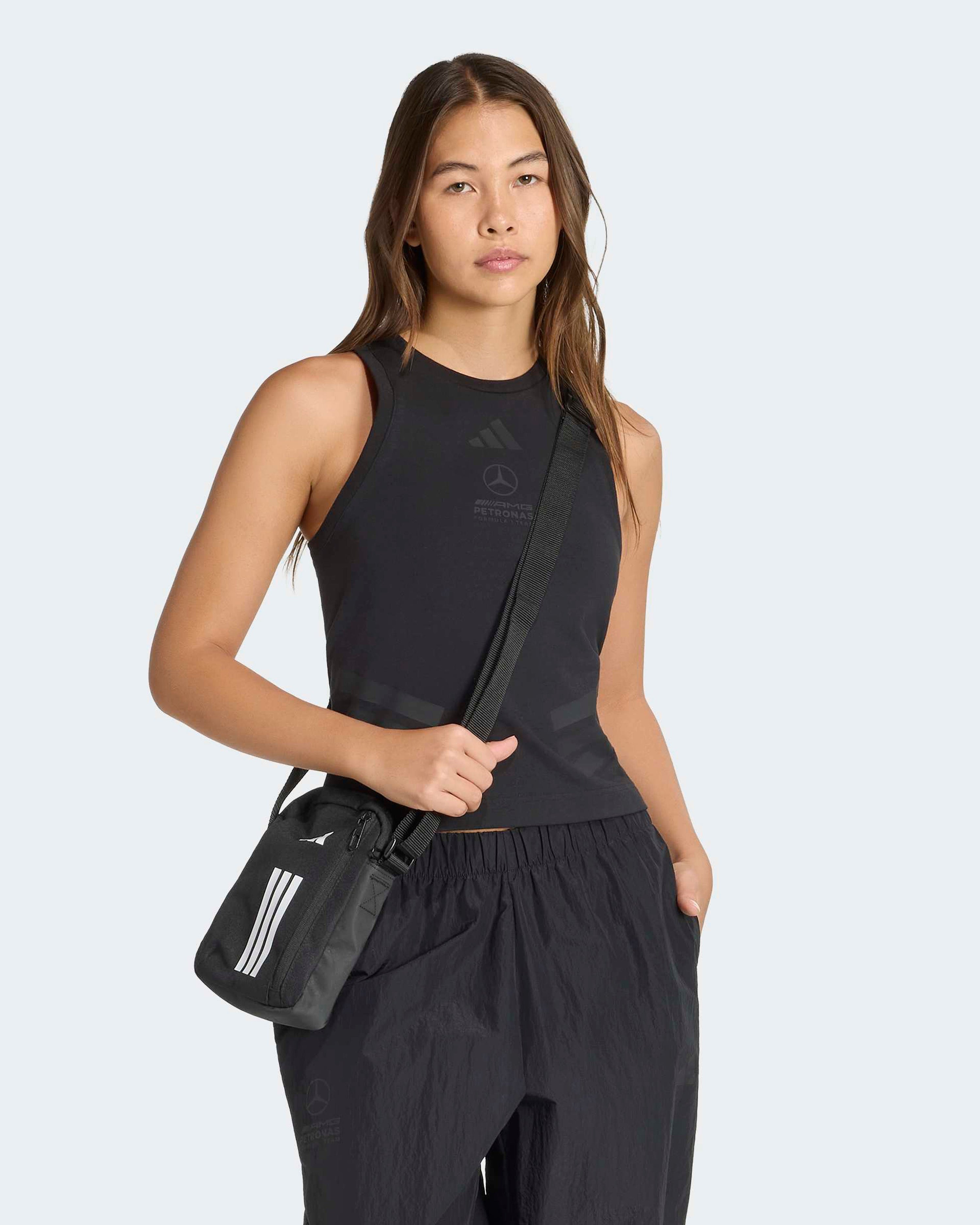 Womens Night Tank Top Black — close-up design detail showing Mercedes-AMG PETRONAS F1 styling and product details | Dash Racegear