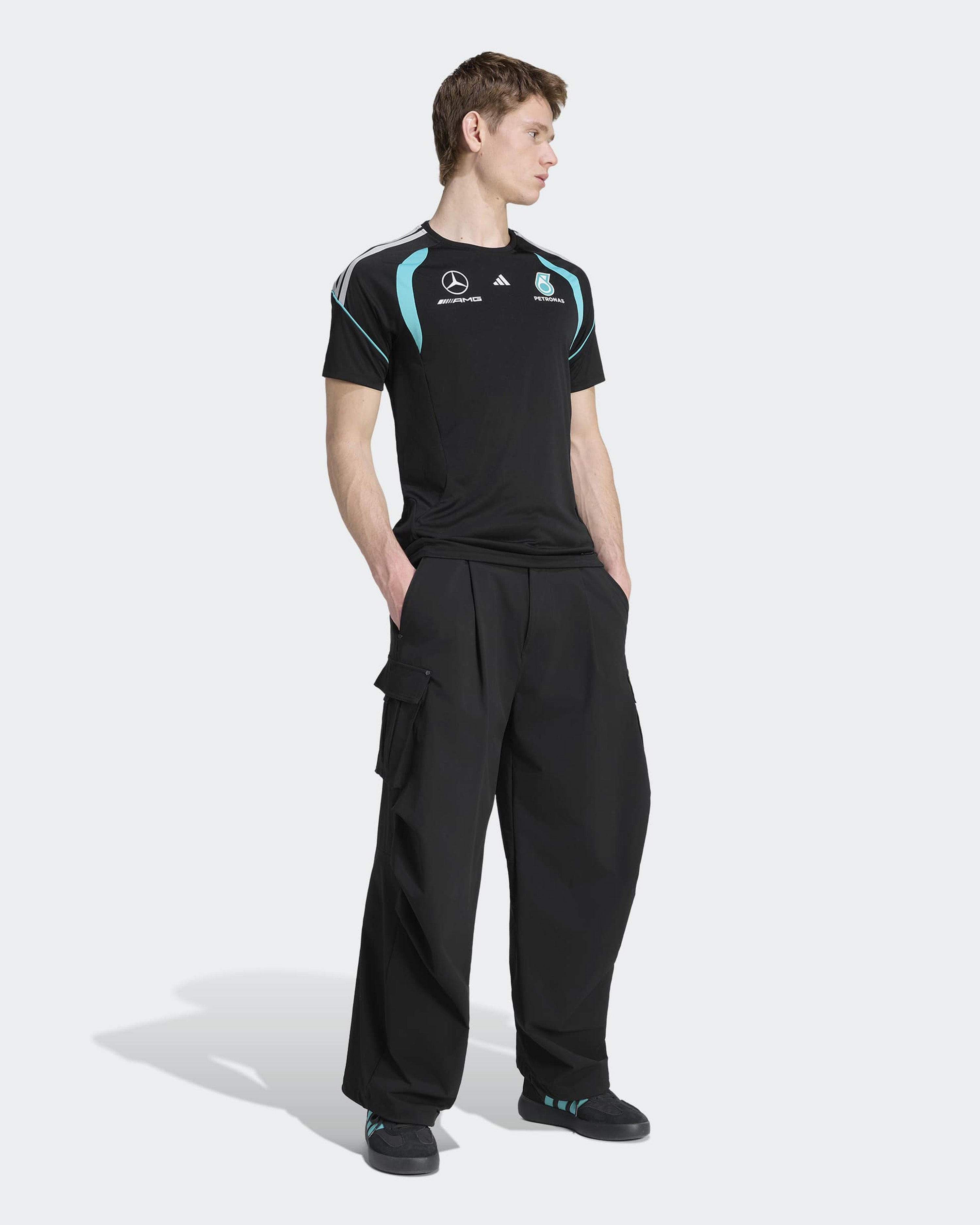 Mens 2026 Mechanics Tee Black — close-up design detail showing Mercedes-AMG PETRONAS F1 styling and product details | Dash Racegear