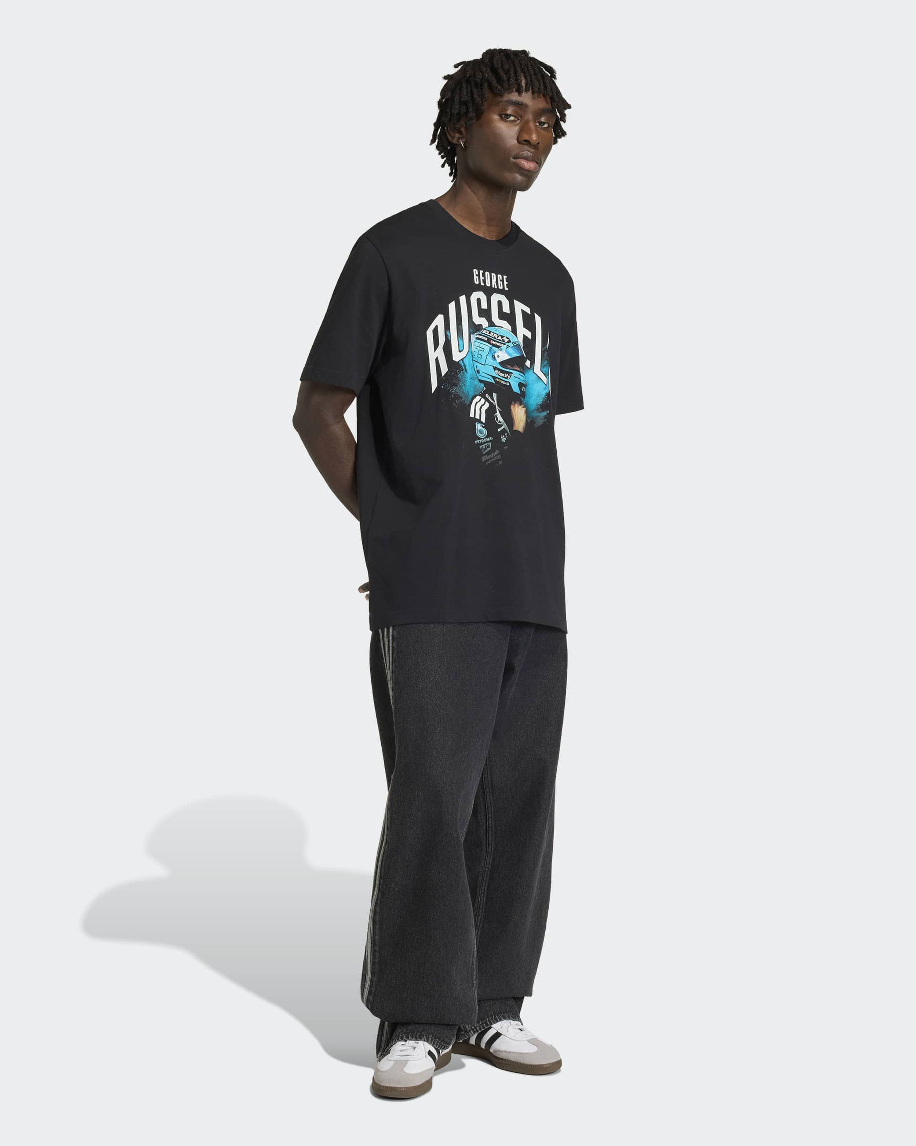 Mens George Russell Graphic T-shirt Black — close-up design detail showing Mercedes-AMG PETRONAS F1 styling and product details | Dash Racegear
