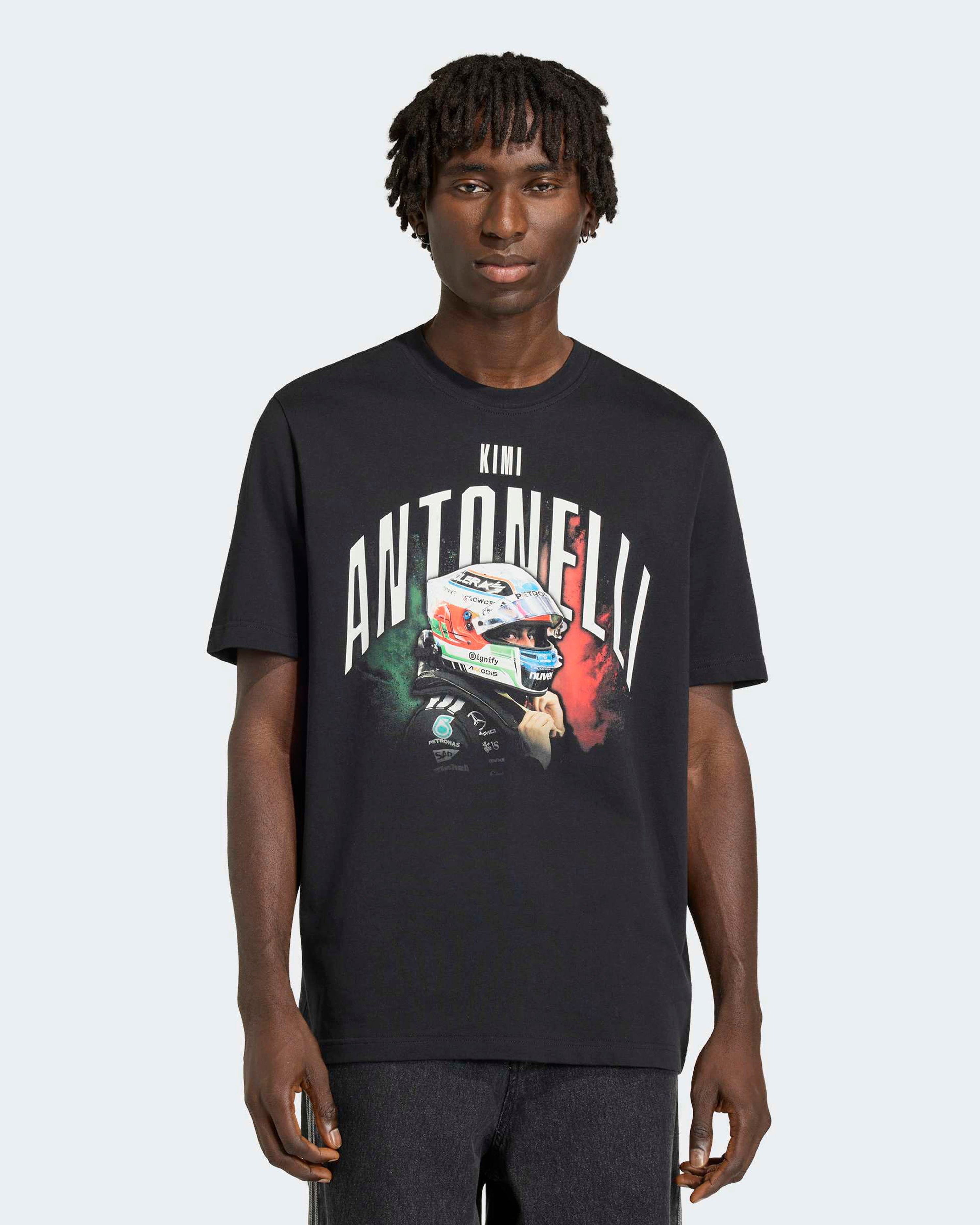 Mens Kimi Antonelli Graphic T-shirt Black — primary product view showing Mercedes-AMG PETRONAS F1 styling and product details | Dash Racegear