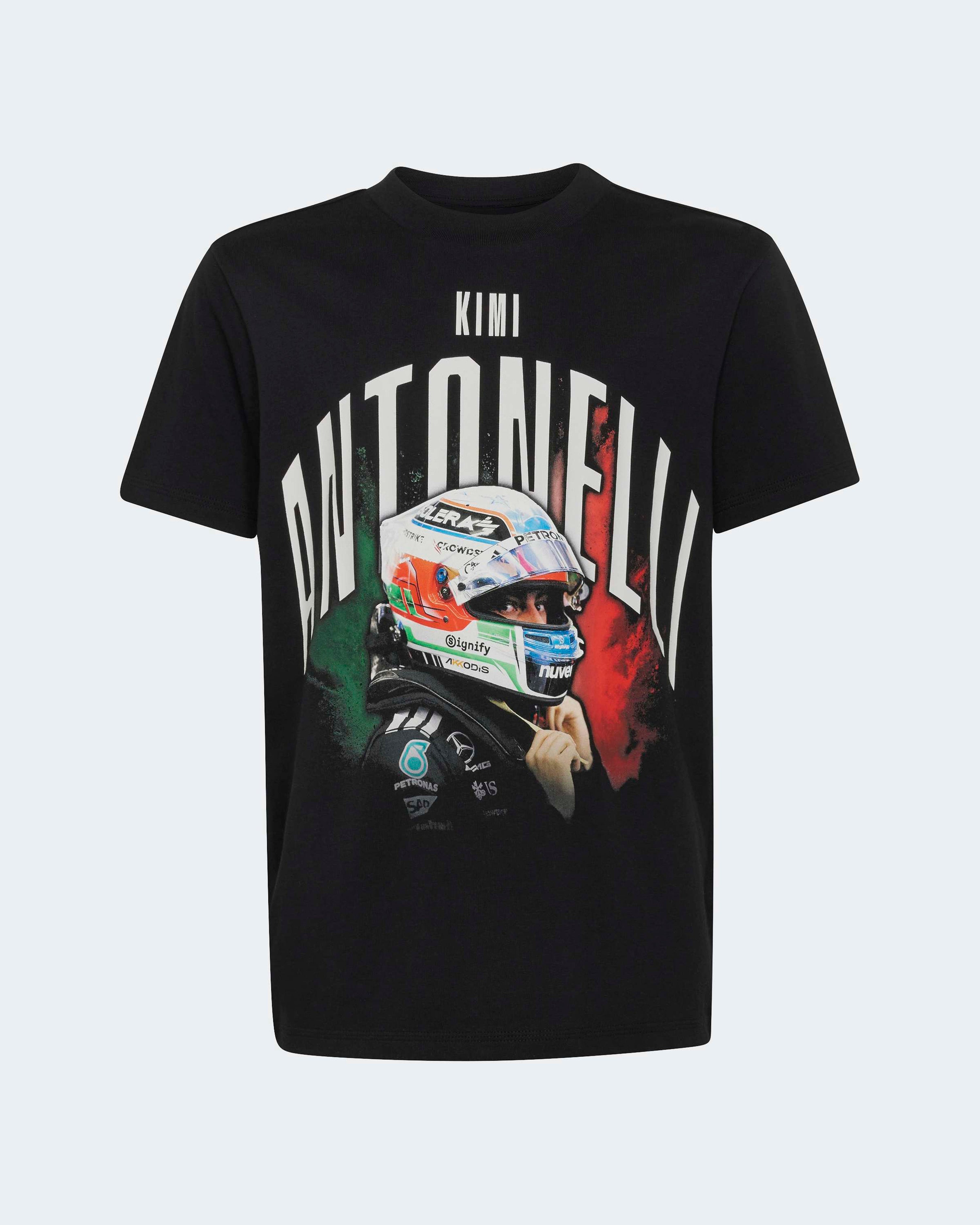 Kids Kimi Antonelli Graphic T-shirt Black — primary product view showing Mercedes-AMG PETRONAS F1 styling and product details | Dash Racegear