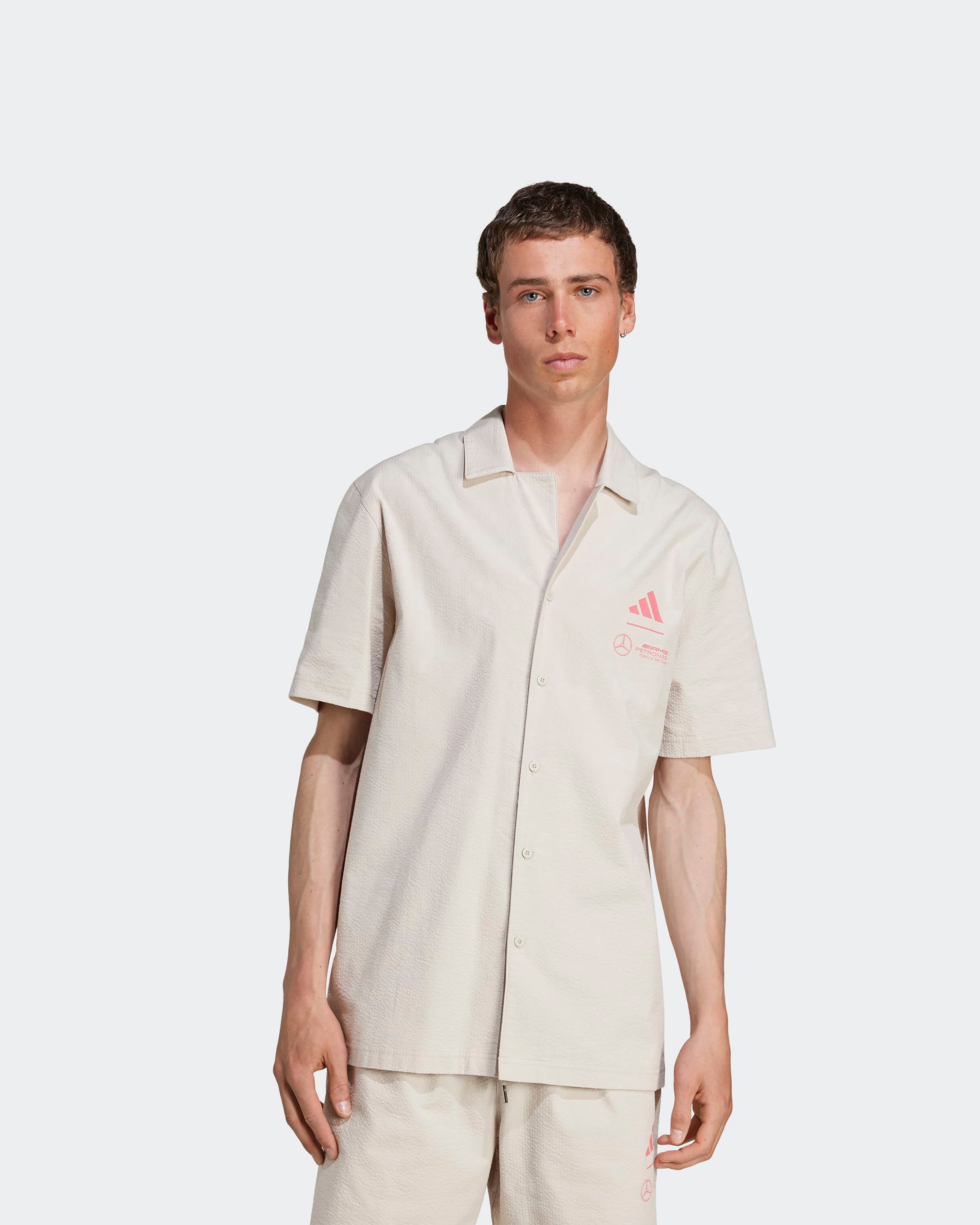 Mens Miami Shirt Beige — primary product view showing Mercedes-AMG PETRONAS F1 styling and product details | Dash Racegear