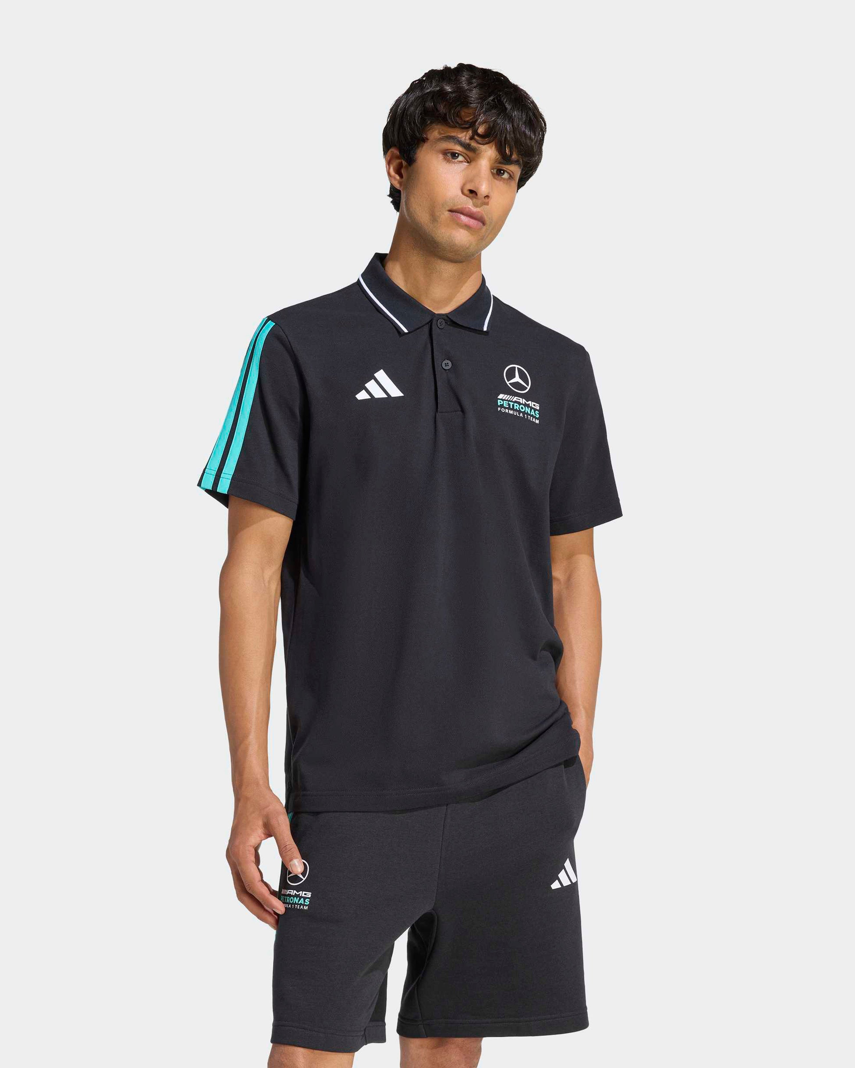 Mens DNA Polo Black — primary product view showing Mercedes-AMG PETRONAS F1 styling and product details | Dash Racegear