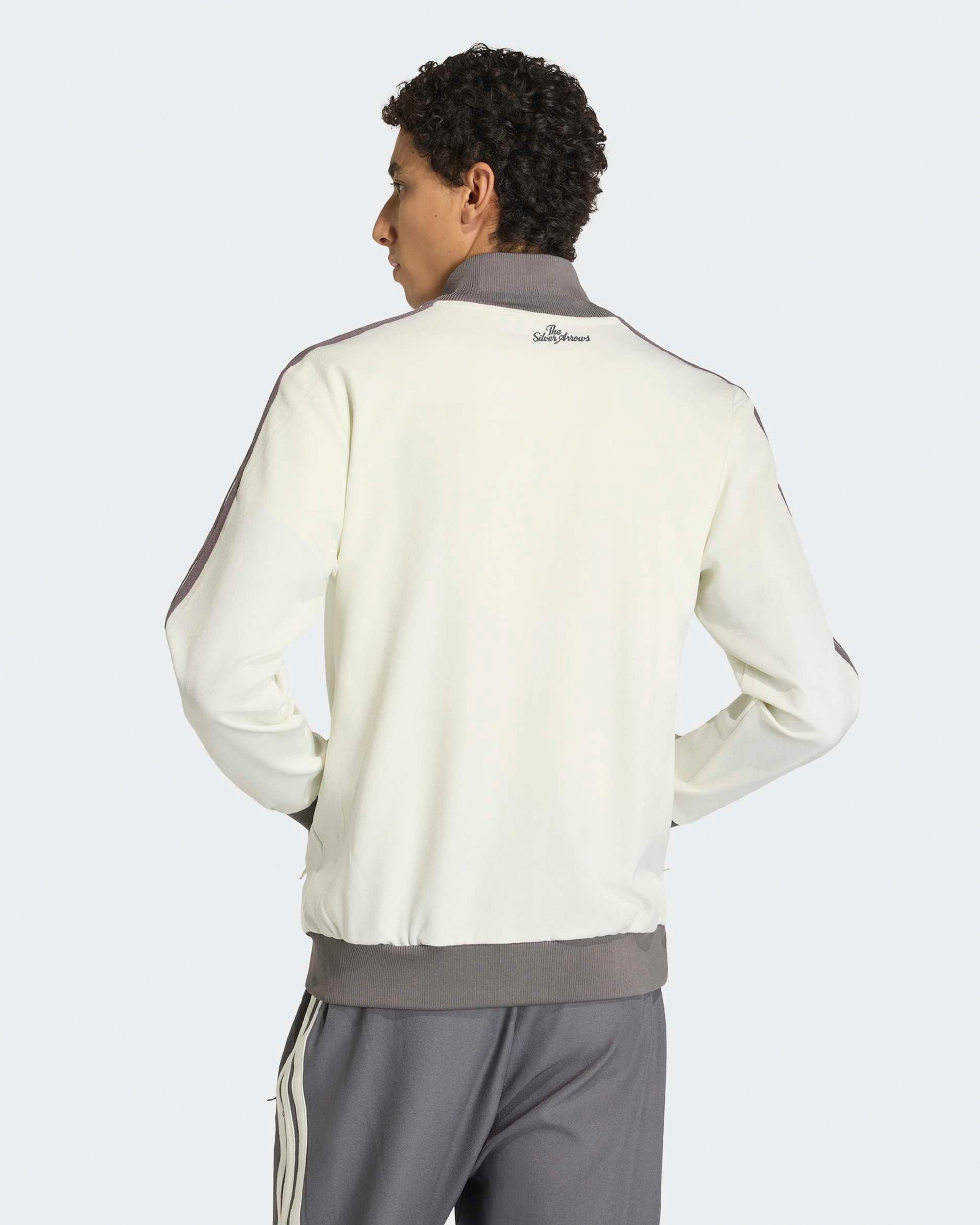 Mens Silver Arrows Icon Track Top Off White — close-up design detail showing Mercedes-AMG PETRONAS F1 styling and product details | Dash Racegear