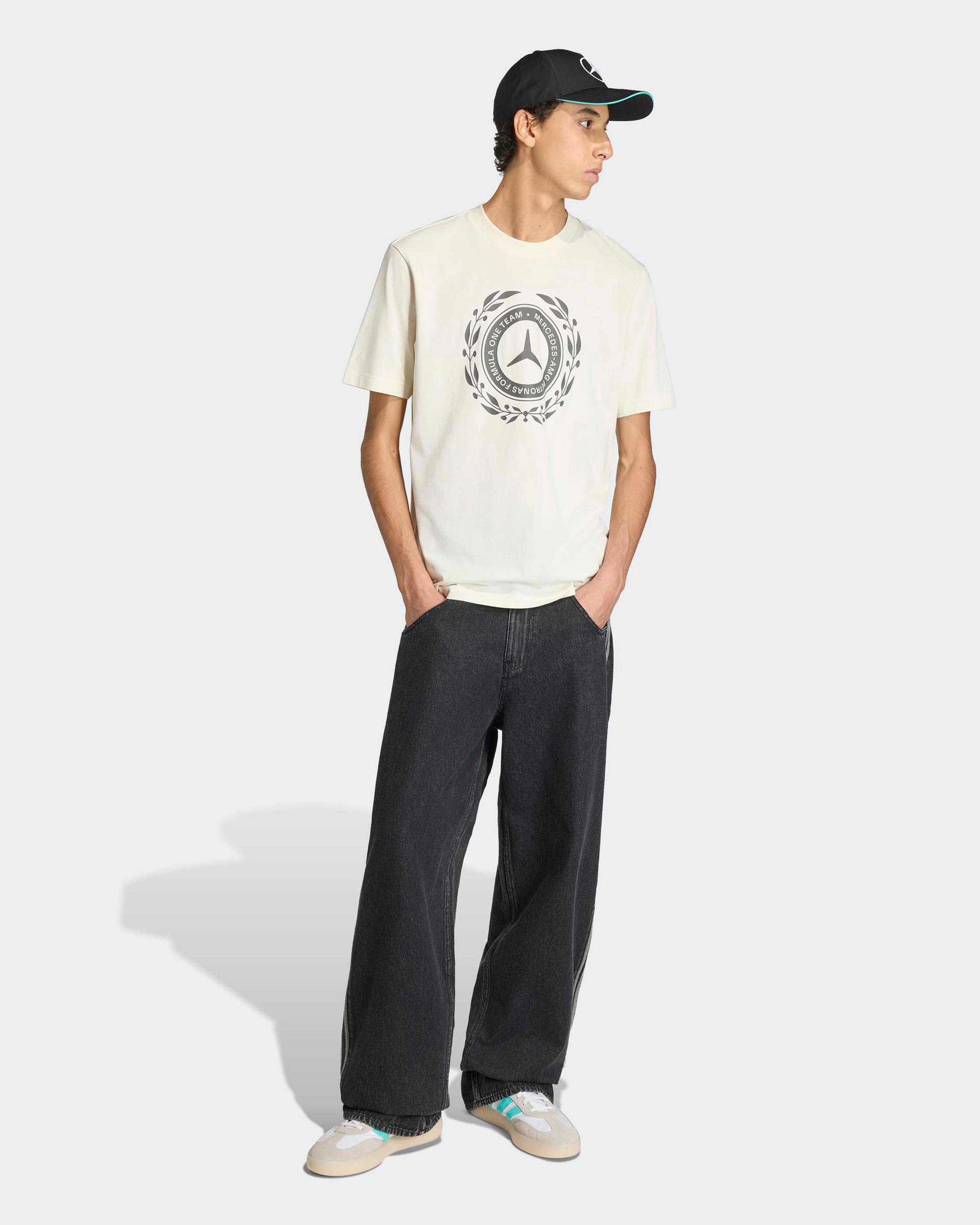 Mens Silver Arrows Heritage Logo T-shirt Off White — close-up design detail showing Mercedes-AMG PETRONAS F1 styling and product details | Dash Racegear