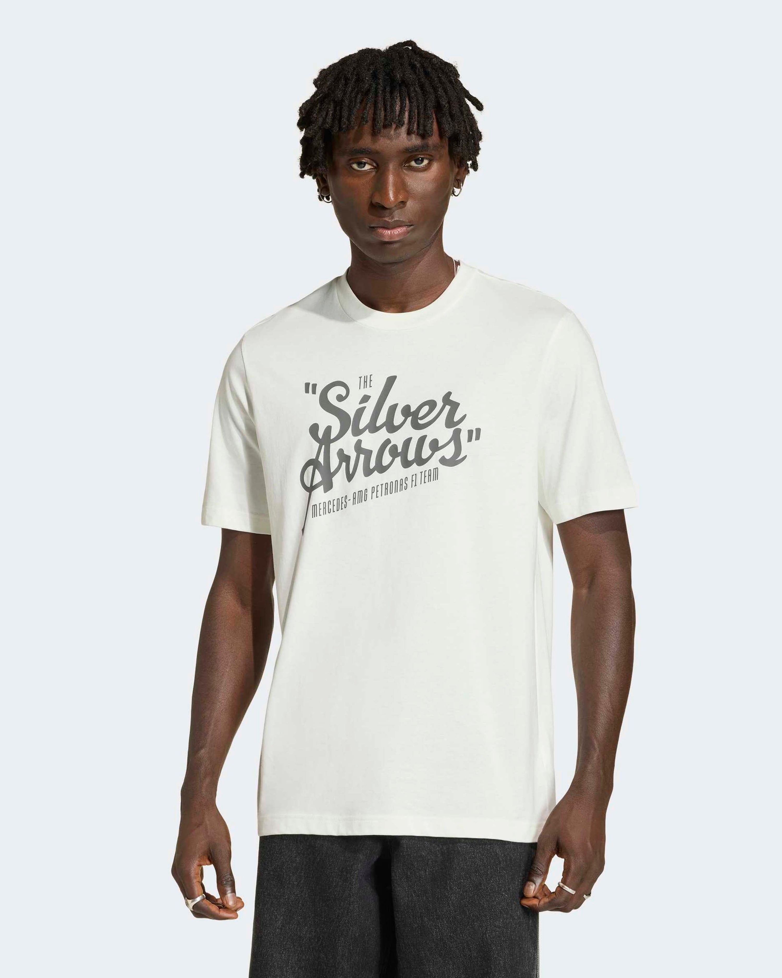 Mens Silver Arrows Heritage T-shirt Off White — primary product view showing Mercedes-AMG PETRONAS F1 styling and product details | Dash Racegear