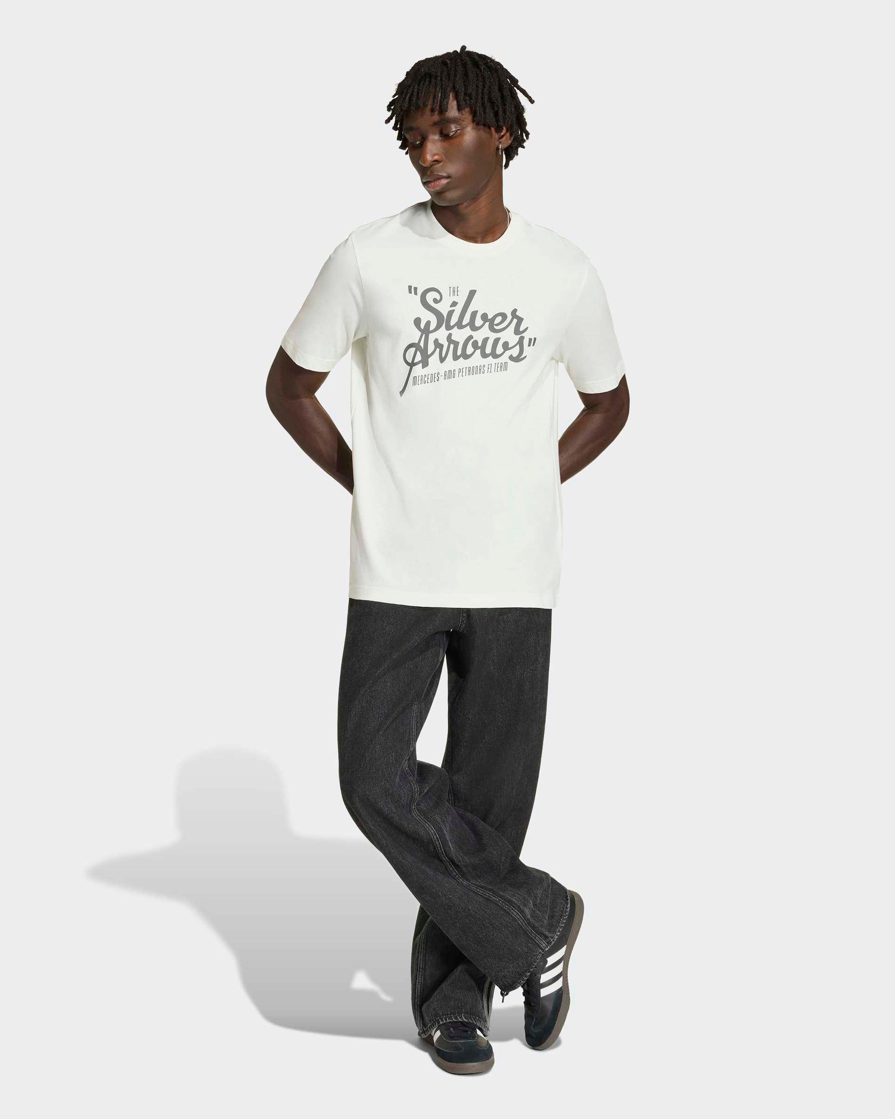 Mens Silver Arrows Heritage T-shirt Off White — close-up design detail showing Mercedes-AMG PETRONAS F1 styling and product details | Dash Racegear
