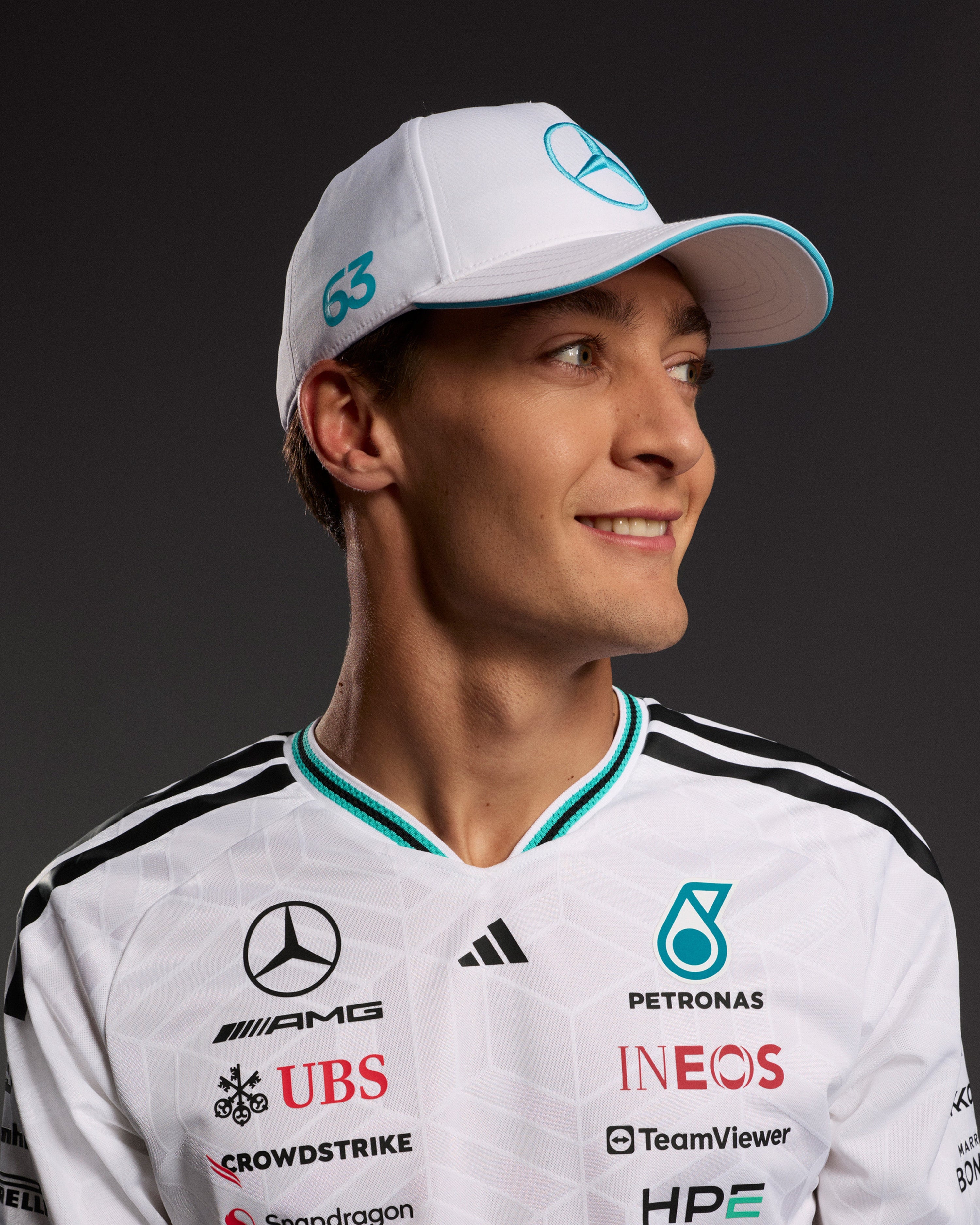 2026 George Russell Cap White — alternate product angle showing Mercedes-AMG PETRONAS F1 styling and product details | Dash Racegear