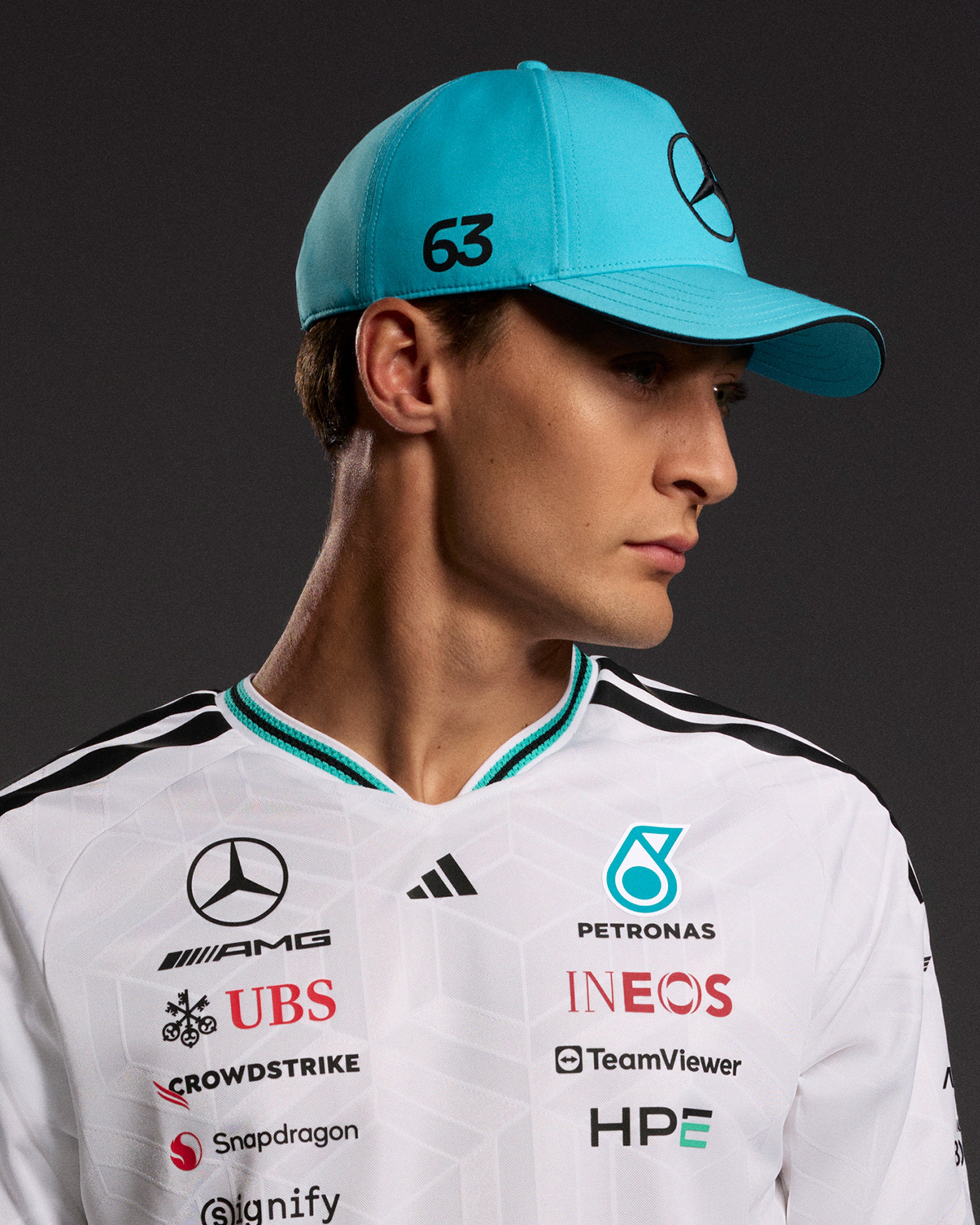 2026 George Russell Cap Blue — close-up design detail showing Mercedes-AMG PETRONAS F1 styling and product details | Dash Racegear