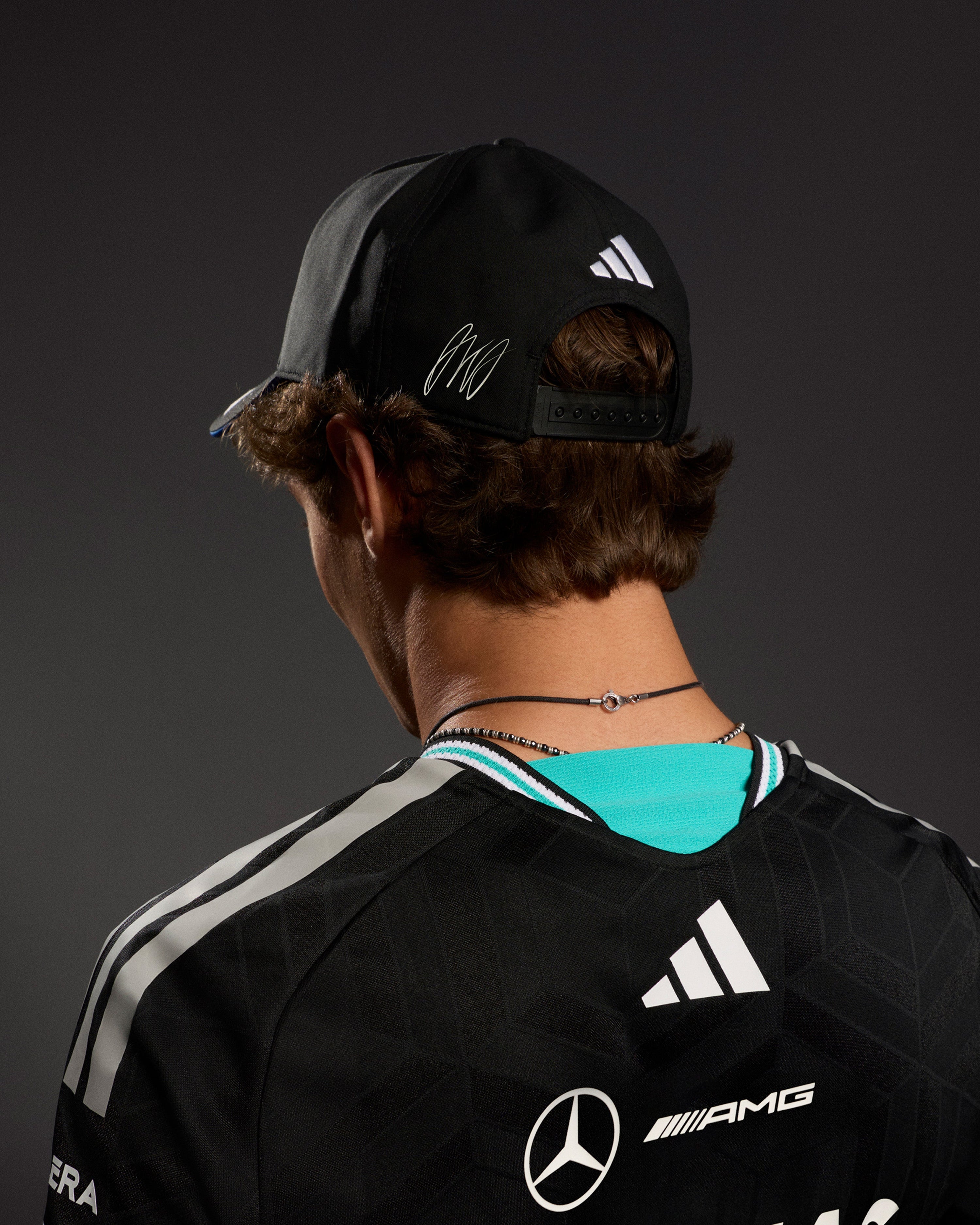 2026 Kimi Antonelli Cap Black — close-up design detail showing Mercedes-AMG PETRONAS F1 styling and product details | Dash Racegear