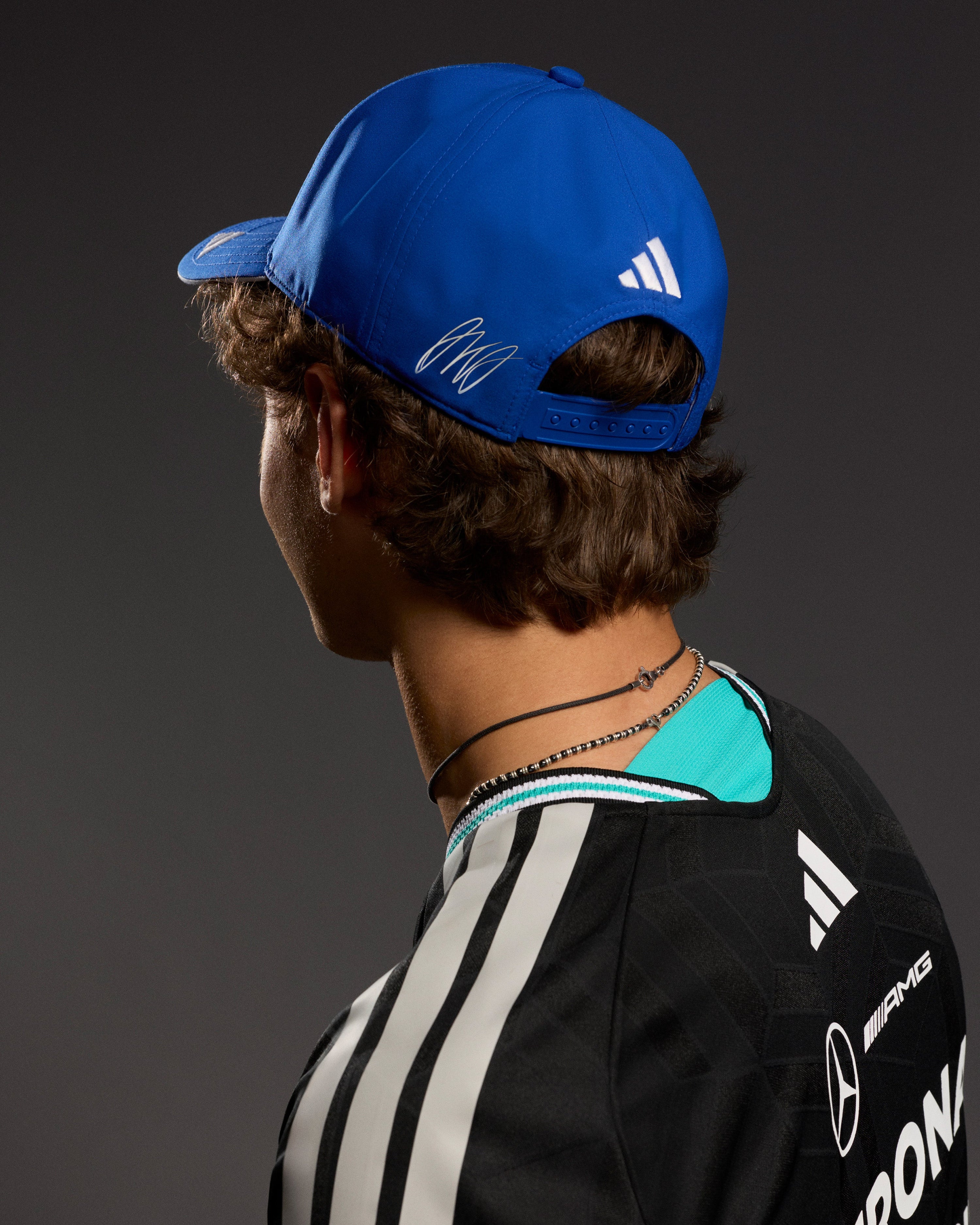 2026 Kimi Antonelli Cap Blue — close-up design detail showing Mercedes-AMG PETRONAS F1 styling and product details | Dash Racegear