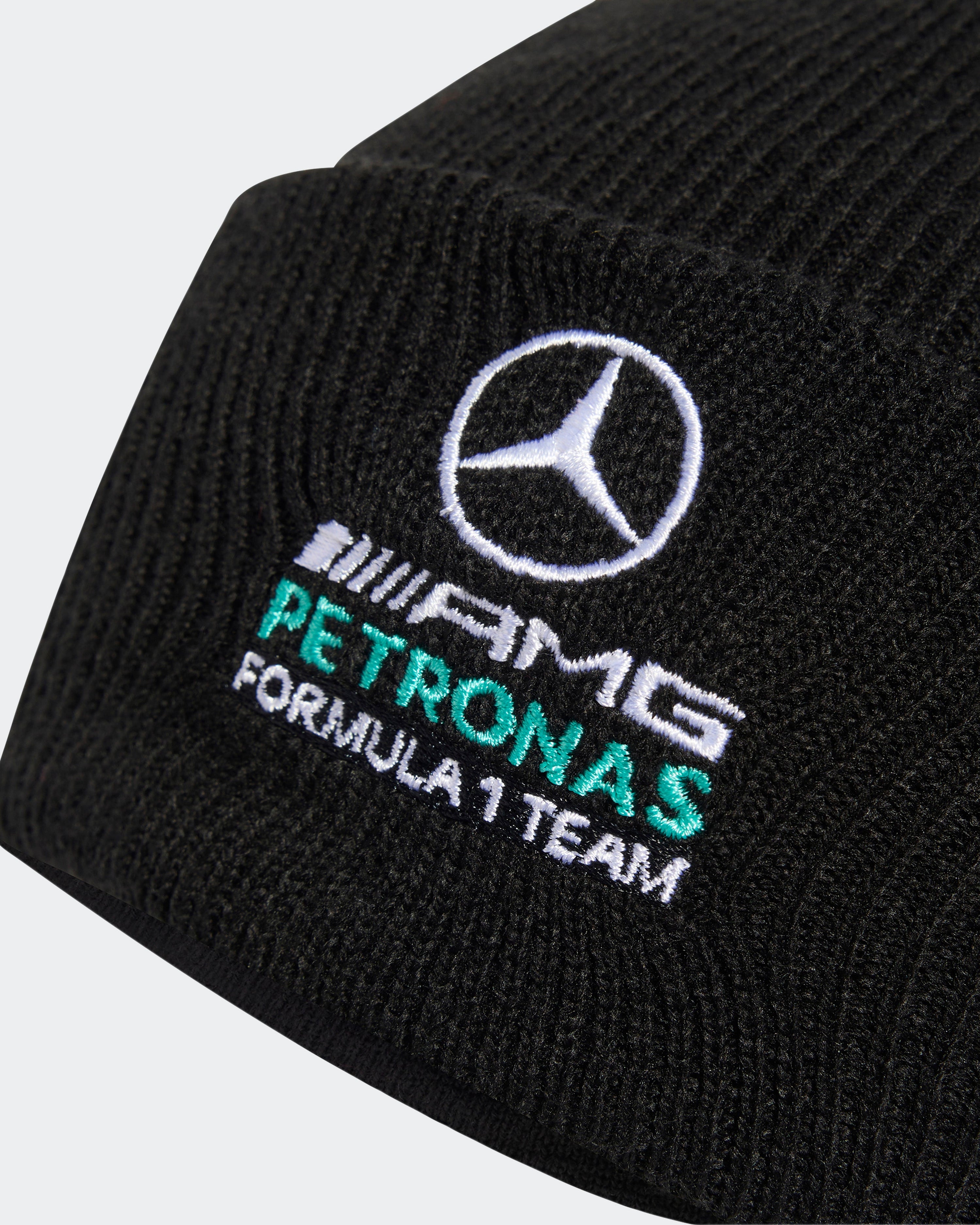 DNA Beanie Black — close-up design detail showing Mercedes-AMG PETRONAS F1 styling and product details | Dash Racegear