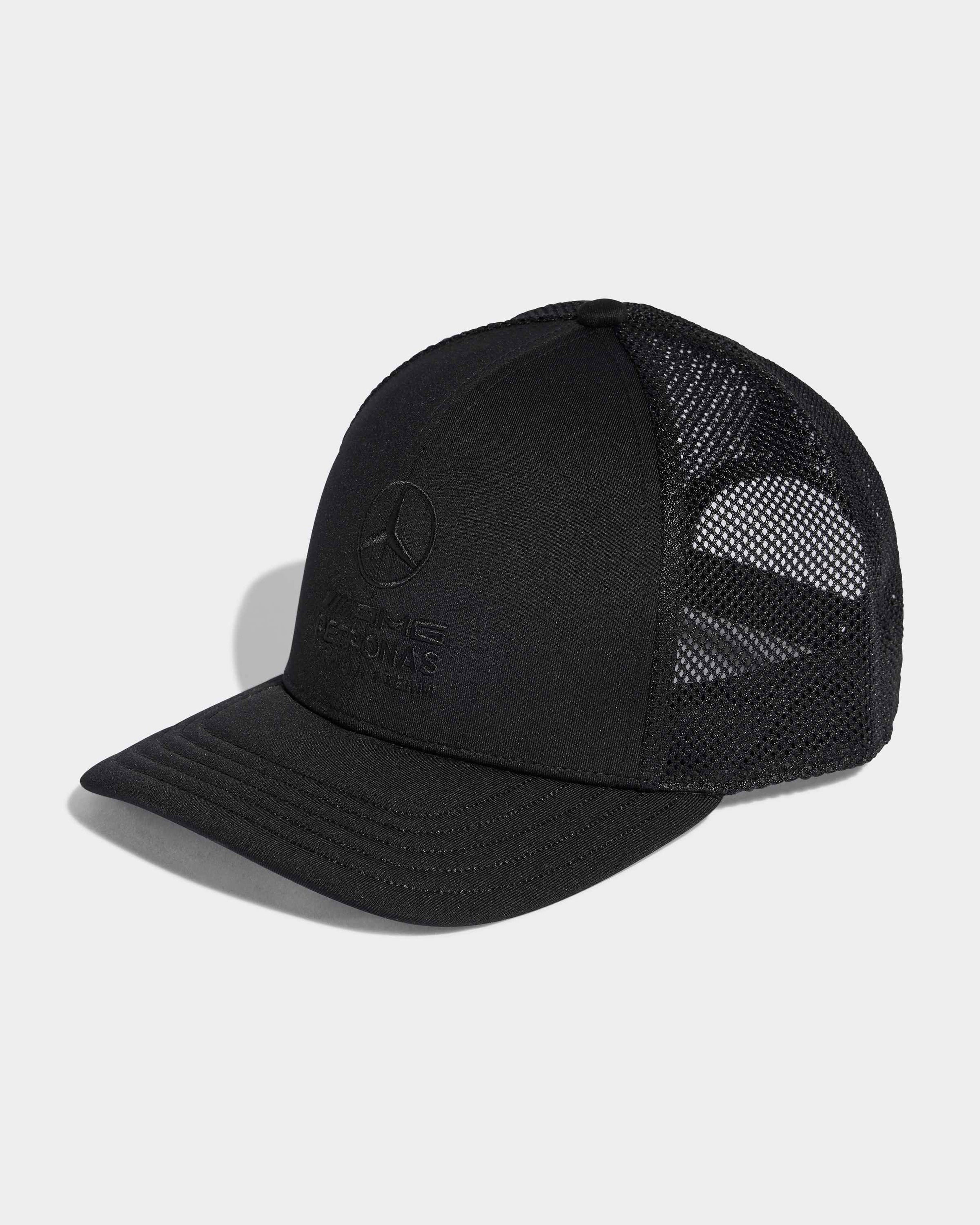 Night Trucker Cap Black — primary product view showing Mercedes-AMG PETRONAS F1 styling and product details | Dash Racegear