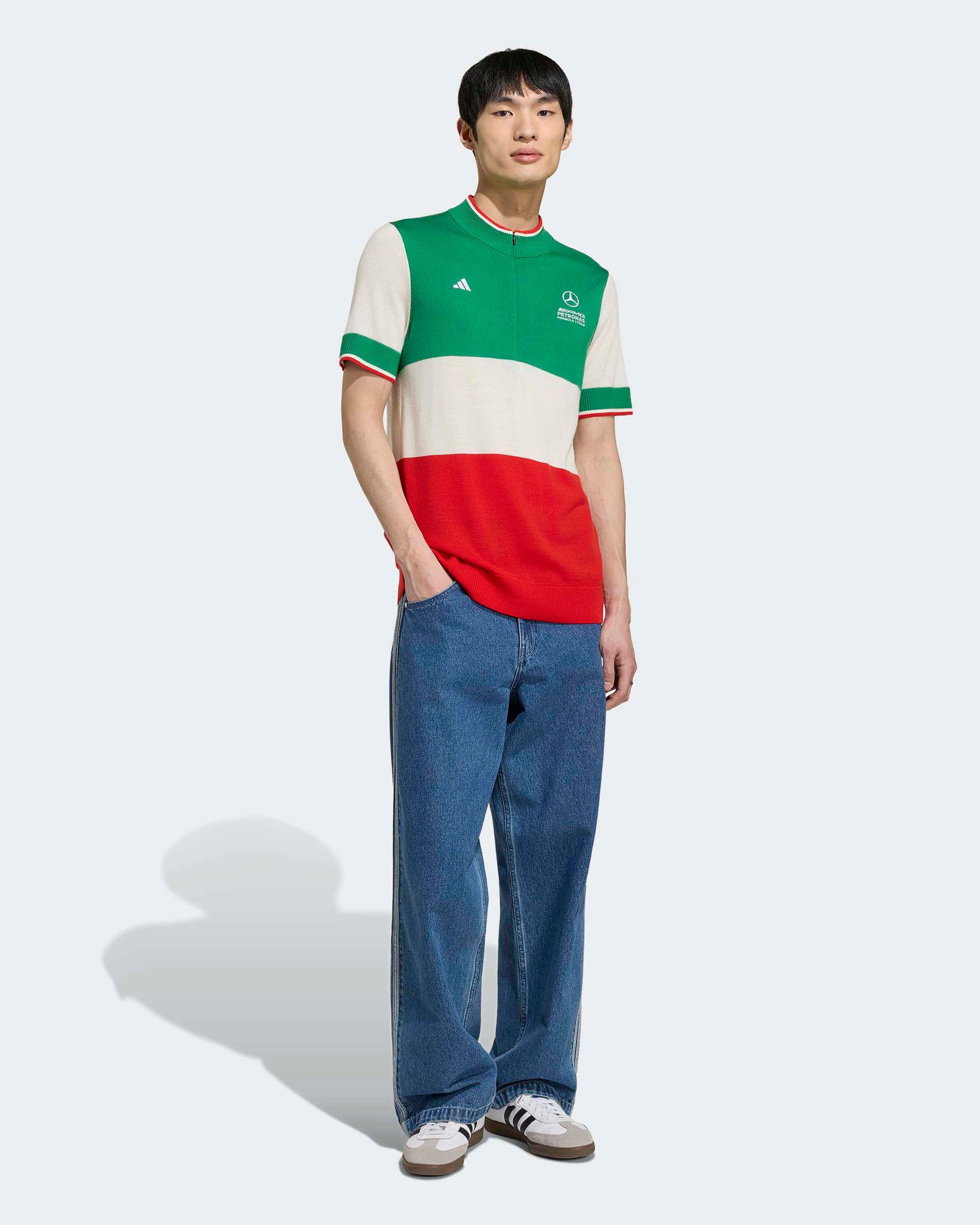 Mens Giro Di Mercedes Merino Top Italy Green — close-up design detail showing Mercedes-AMG PETRONAS F1 styling and product details | Dash Racegear
