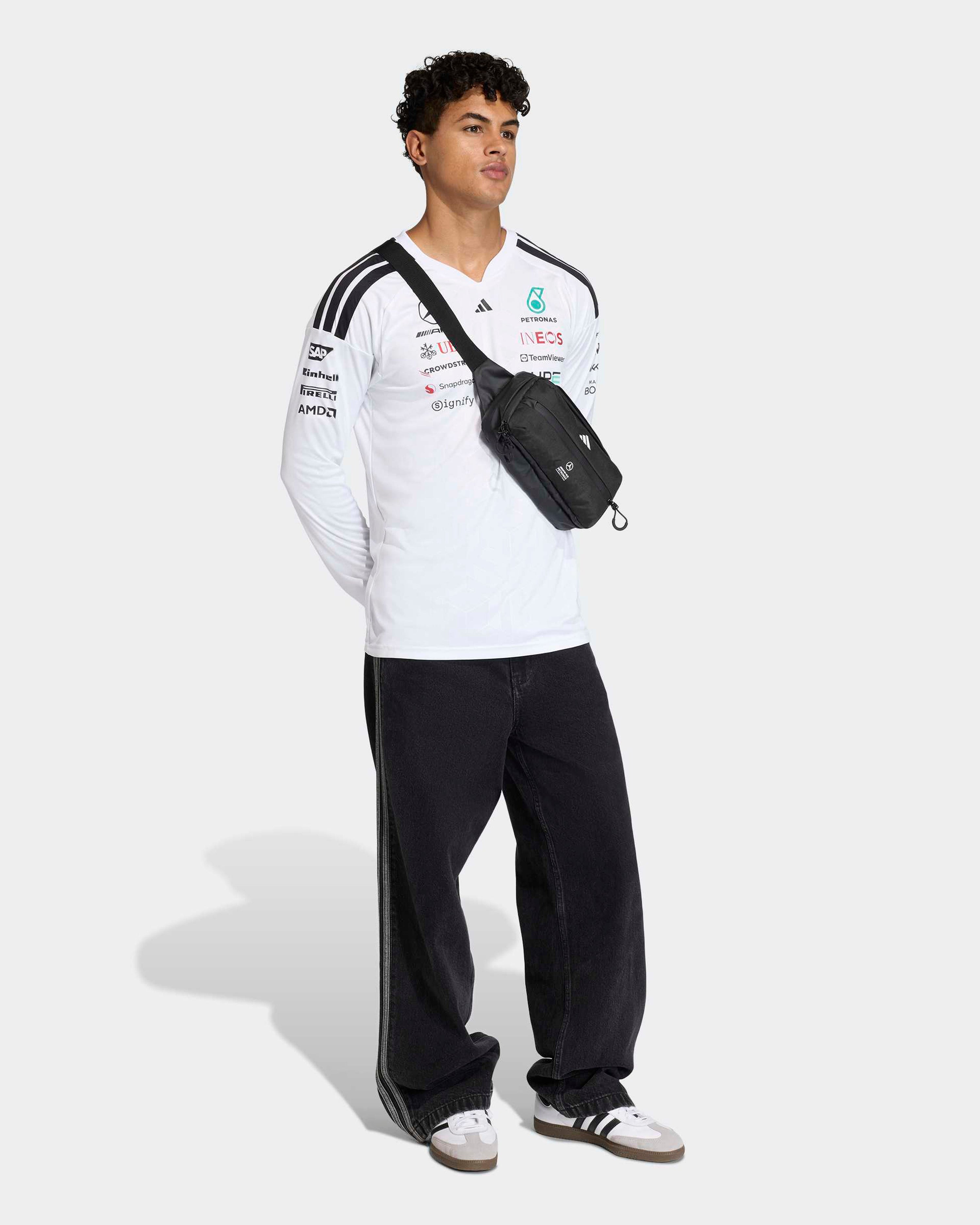 Mens 2026 Team Long-Sleeve Driver Tee White — close-up design detail showing Mercedes-AMG PETRONAS F1 styling and product details | Dash Racegear