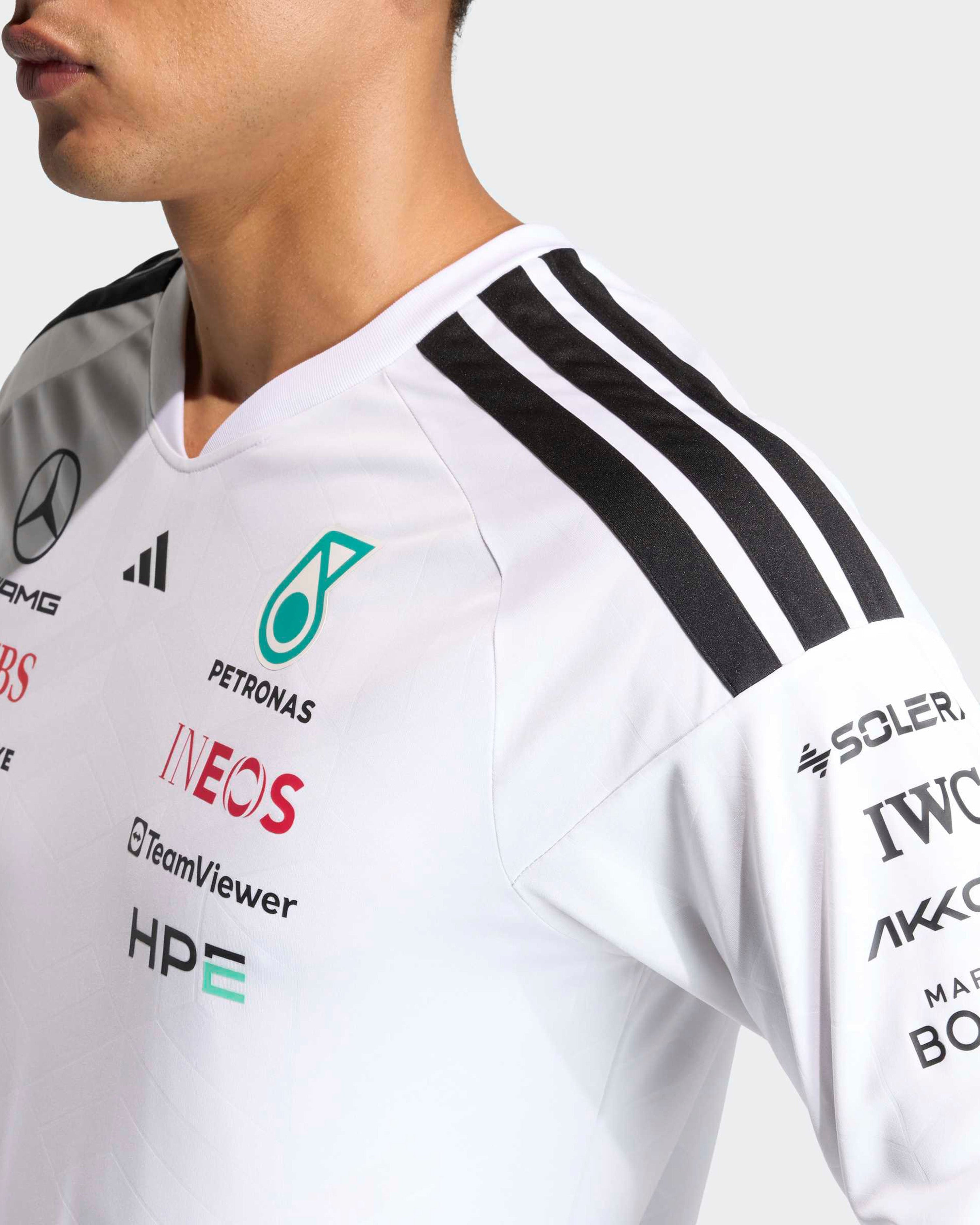 Mens 2026 Team Long-Sleeve Driver Tee White — additional product detail showing Mercedes-AMG PETRONAS F1 styling and product details | Dash Racegear