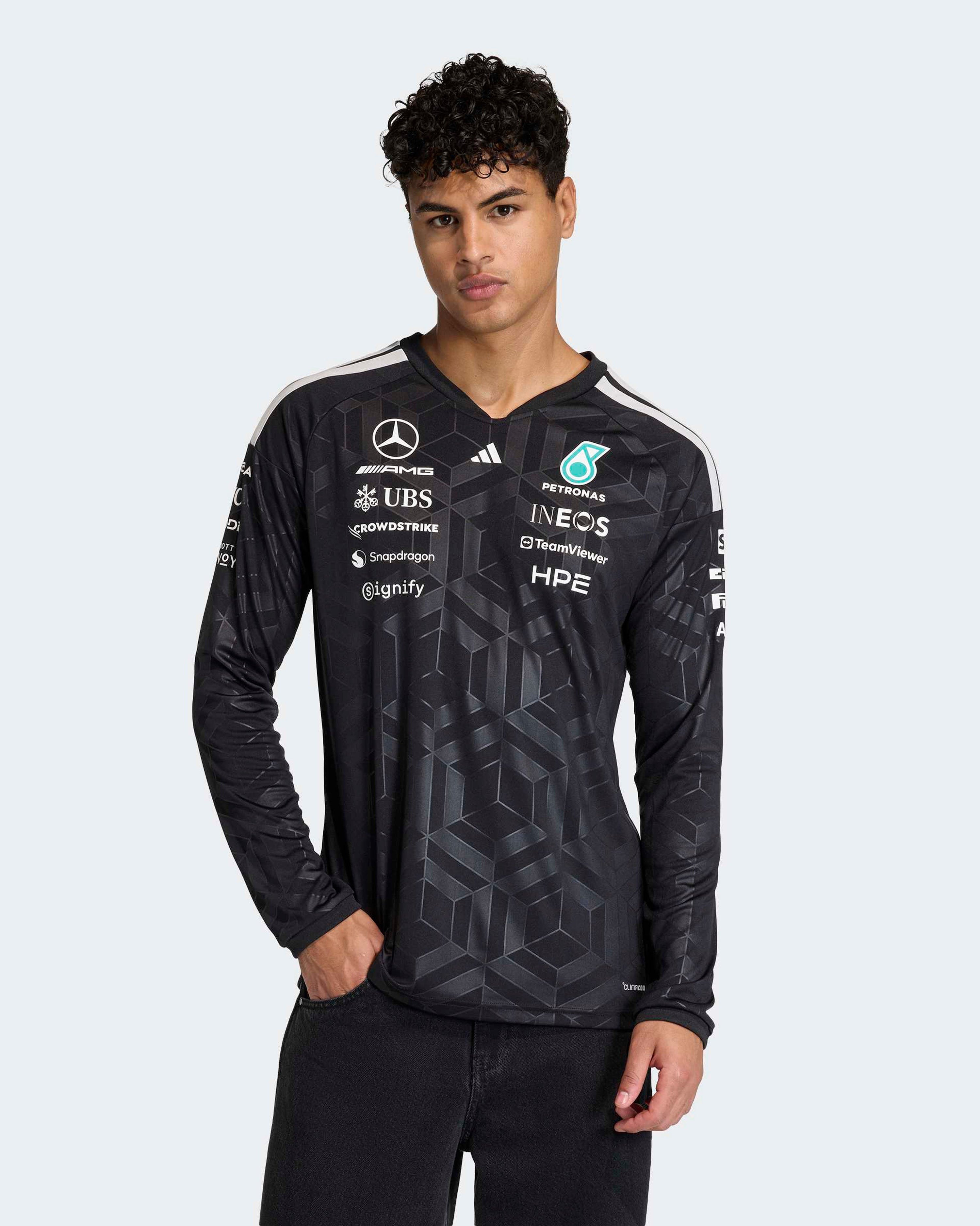 Mens 2026 Team Long-Sleeve Driver Tee Black — primary product view showing Mercedes-AMG PETRONAS F1 styling and product details | Dash Racegear