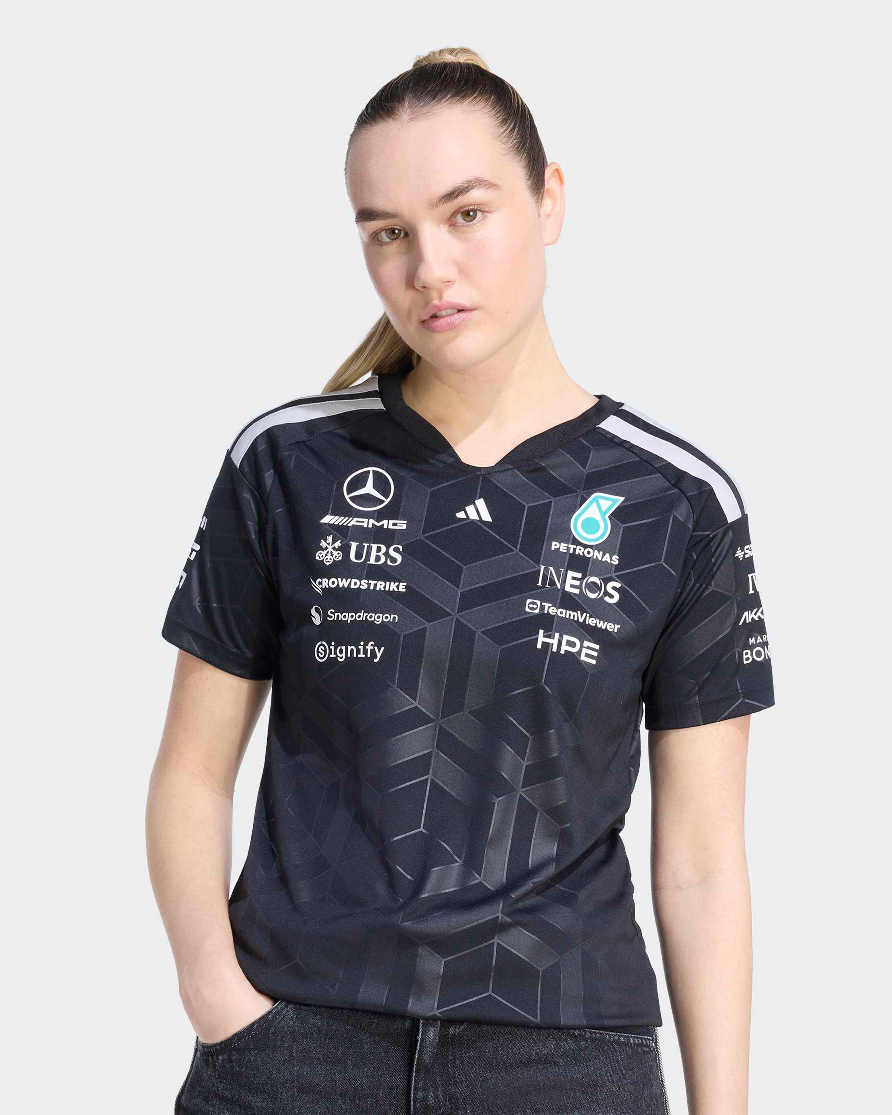 Womens 2026 Team Driver Tee Black — close-up design detail showing Mercedes-AMG PETRONAS F1 styling and product details | Dash Racegear