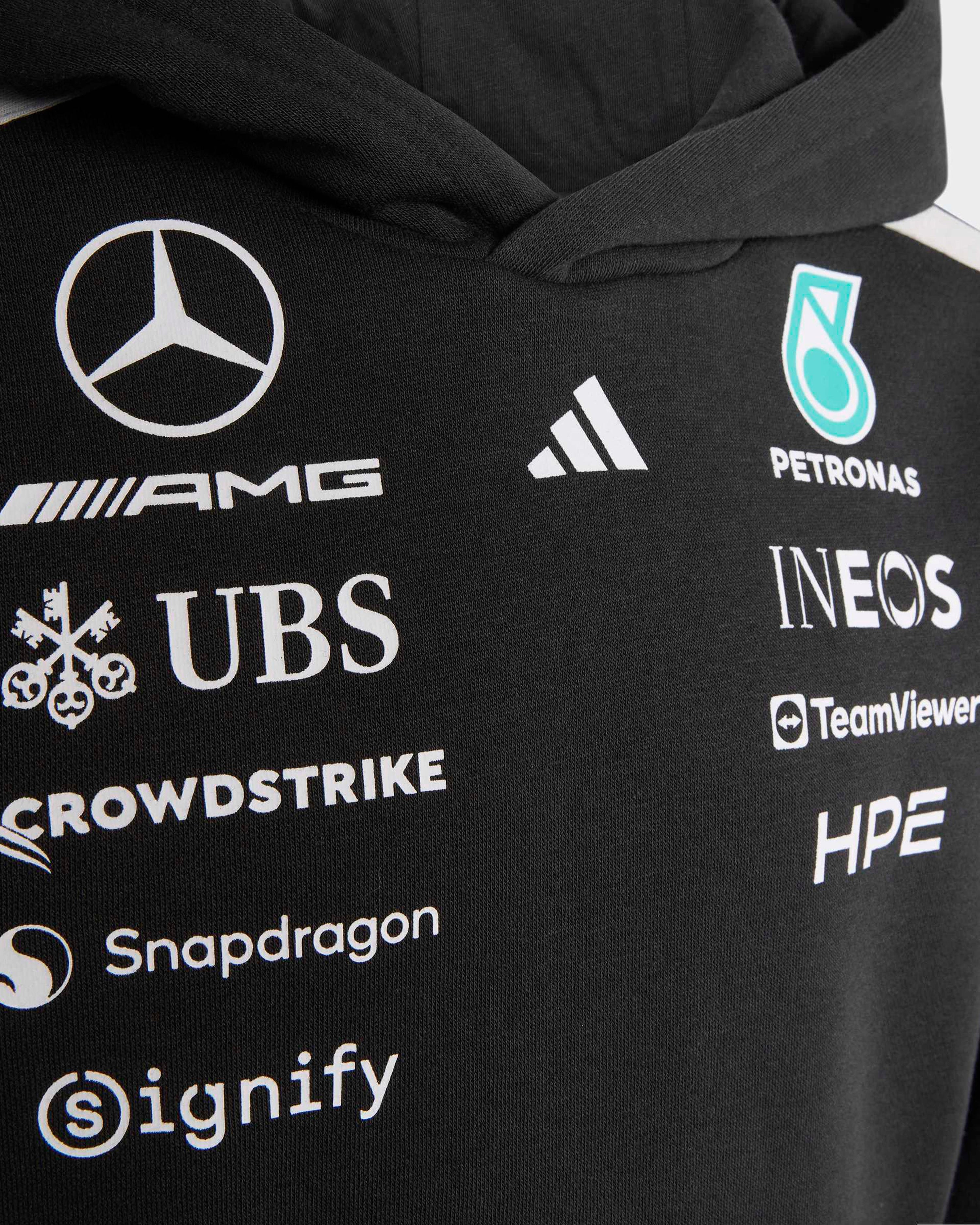 Kids 2026 Team Hoody Black — close-up design detail showing Mercedes-AMG PETRONAS F1 styling and product details | Dash Racegear