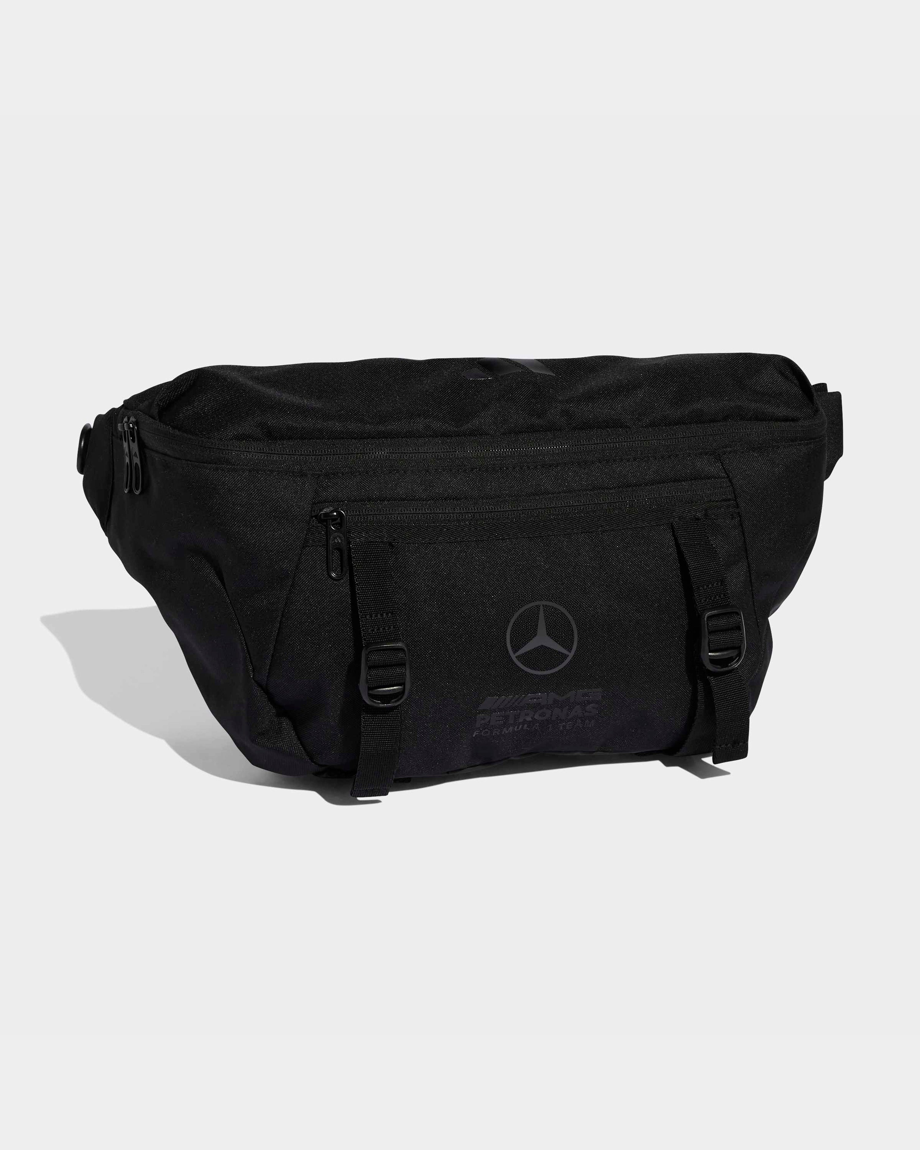 Night Cross Body Bag Black — close-up design detail showing Mercedes-AMG PETRONAS F1 styling and product details | Dash Racegear