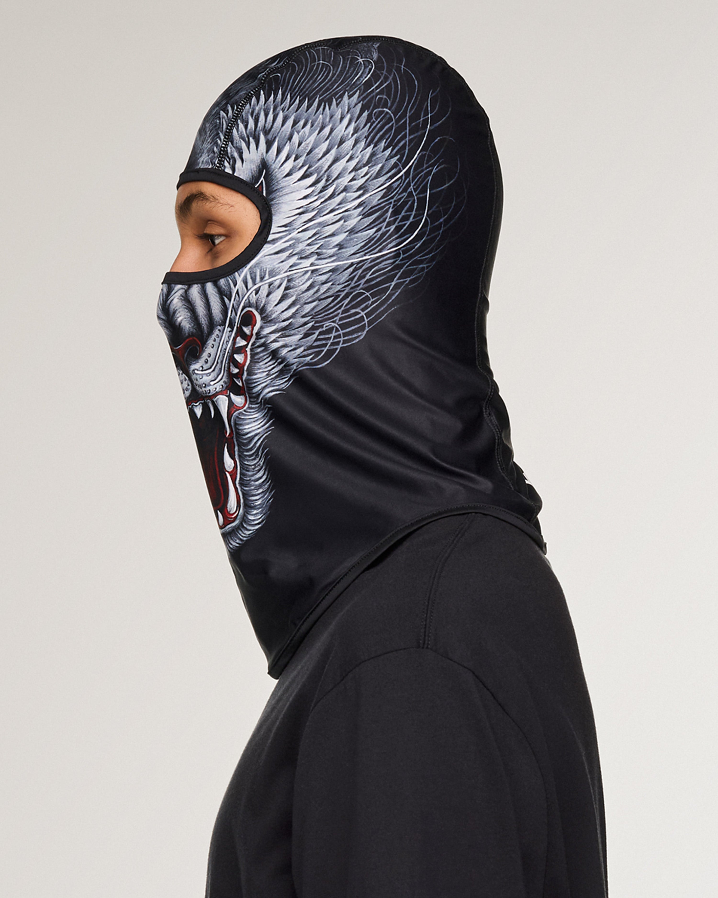 Y-3 Wolf Balaclava Black — close-up design detail showing Mercedes-AMG PETRONAS F1 styling and product details | Dash Racegear