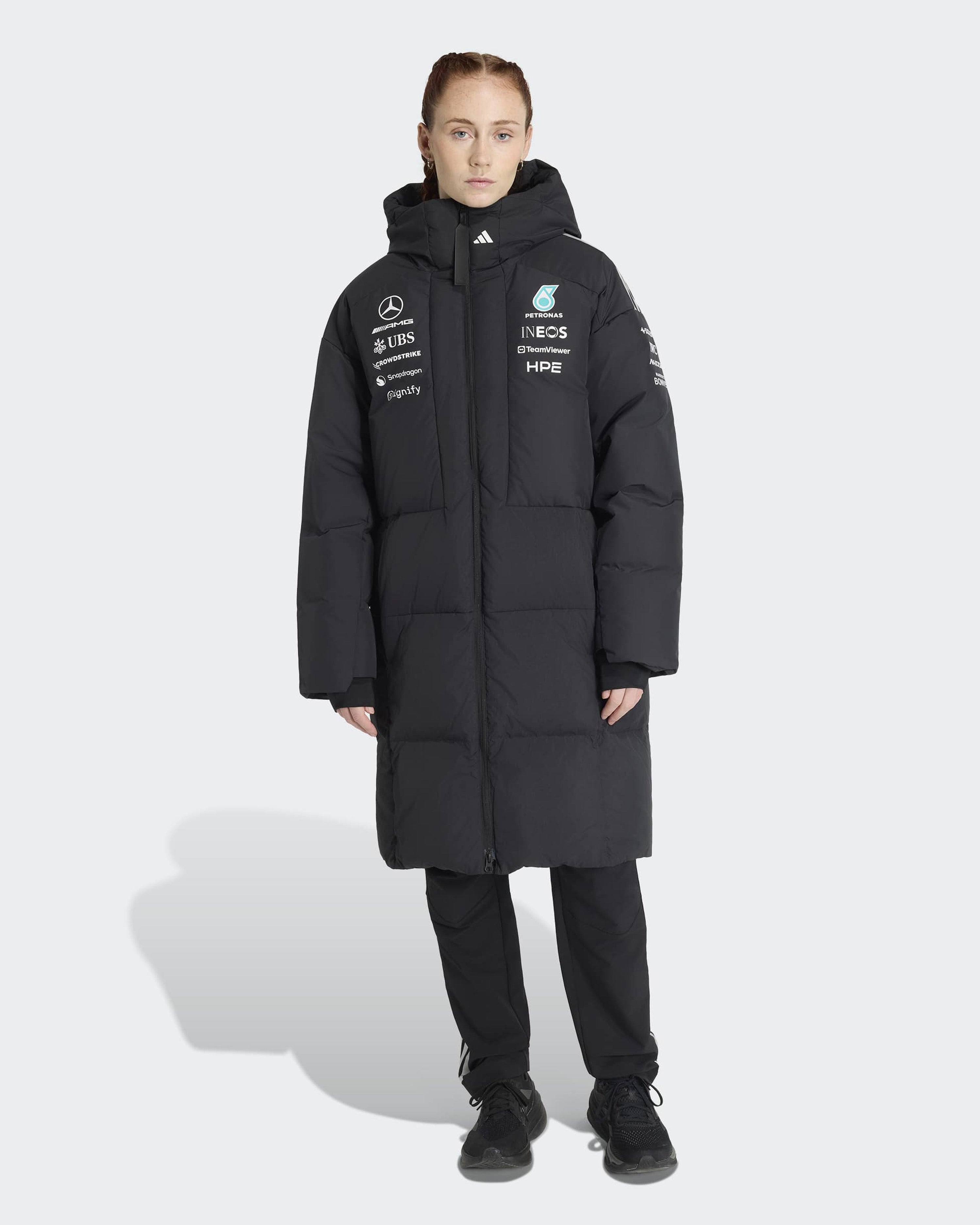 Womens 2026 Team Winter Jacket Black — primary product view showing Mercedes-AMG PETRONAS F1 styling and product details | Dash Racegear