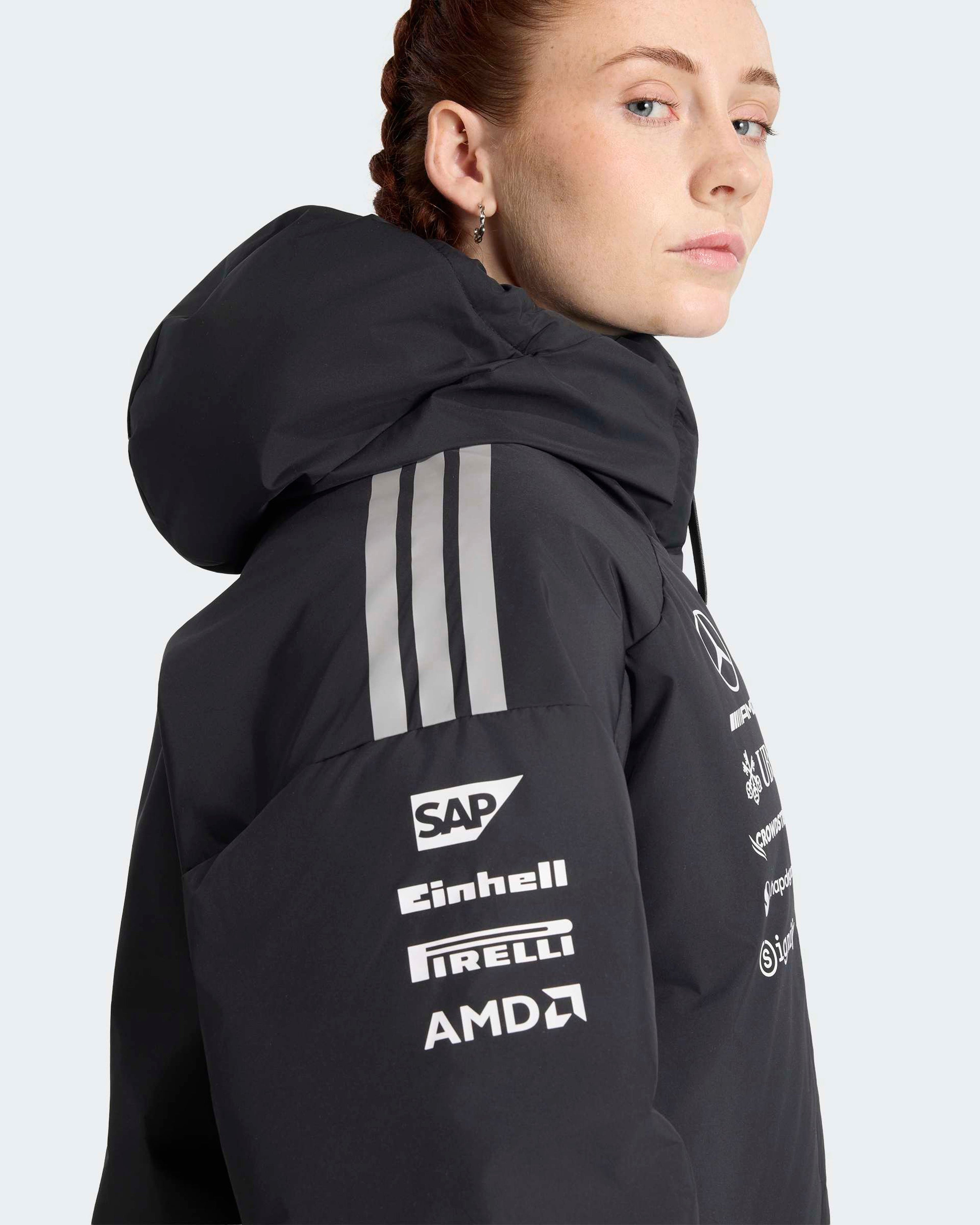 Womens 2026 Team Winter Jacket Black — close-up design detail showing Mercedes-AMG PETRONAS F1 styling and product details | Dash Racegear
