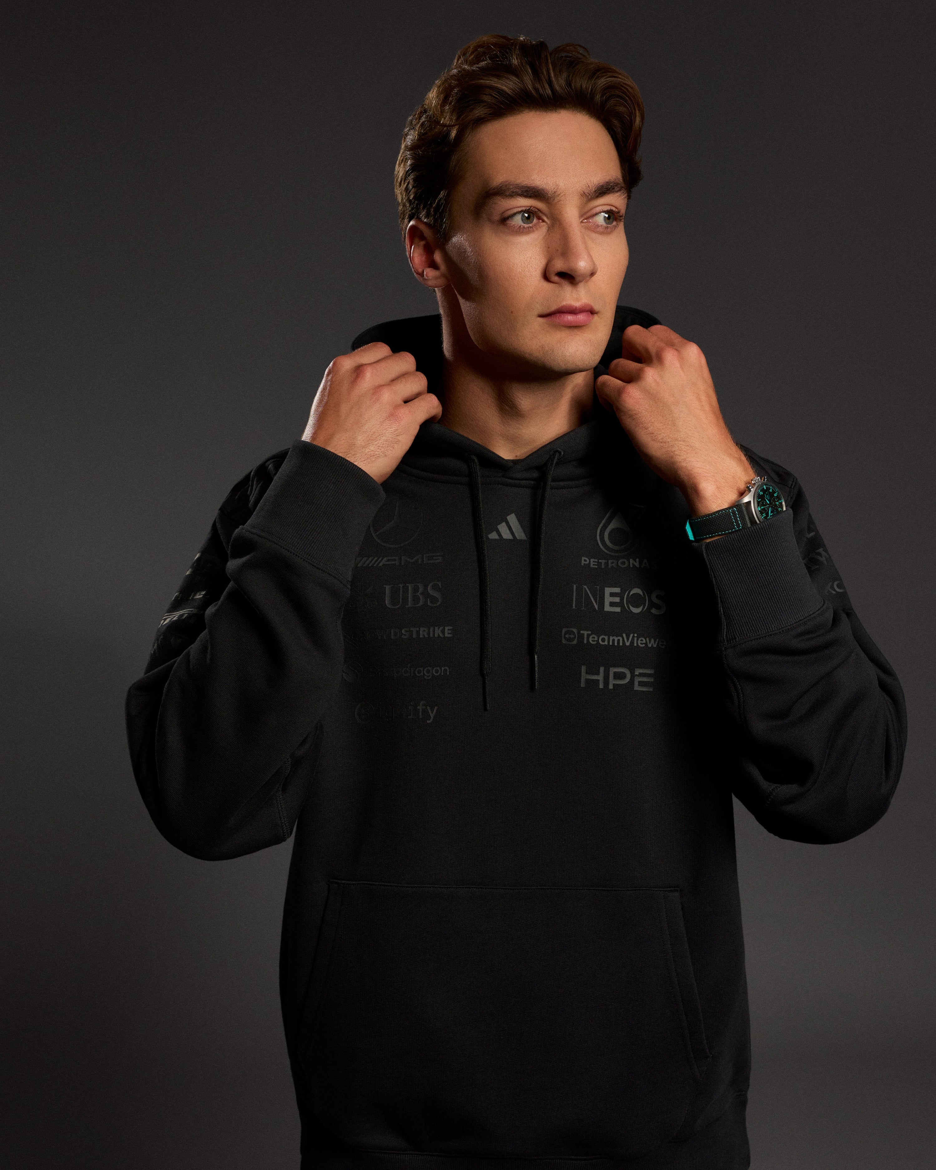 Mens 2026 Night Team Hoody Black — alternate product angle showing Mercedes-AMG PETRONAS F1 styling and product details | Dash Racegear