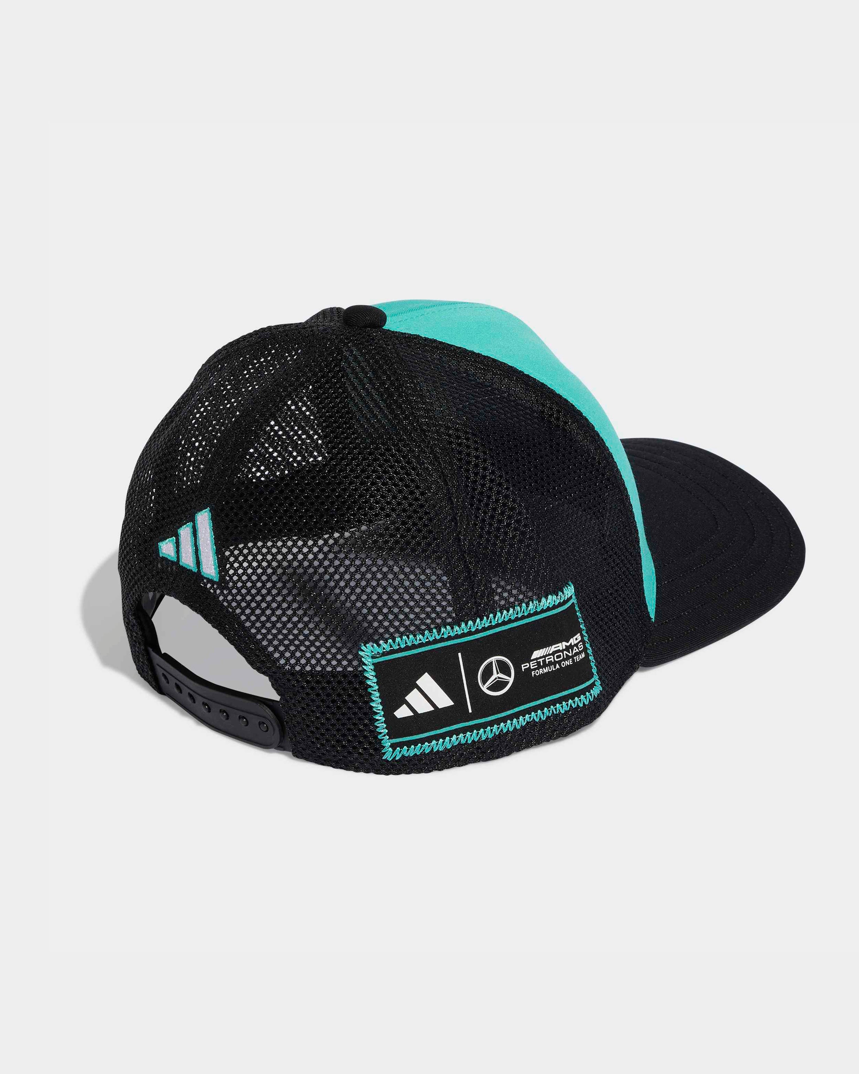 Las Vegas Trucker Cap Teal — close-up design detail showing Mercedes-AMG PETRONAS F1 styling and product details | Dash Racegear