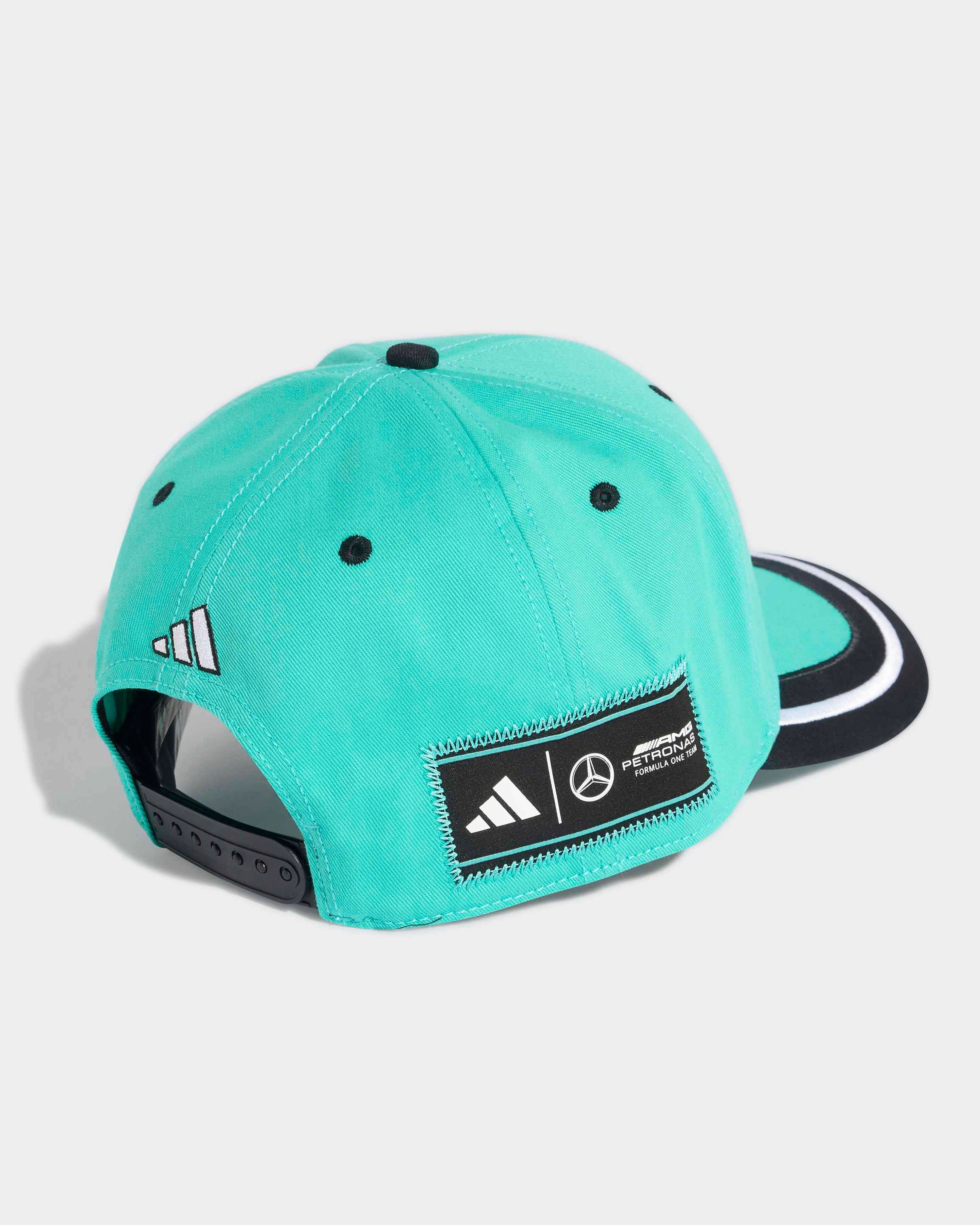 Las Vegas Snapback Cap Teal — close-up design detail showing Mercedes-AMG PETRONAS F1 styling and product details | Dash Racegear