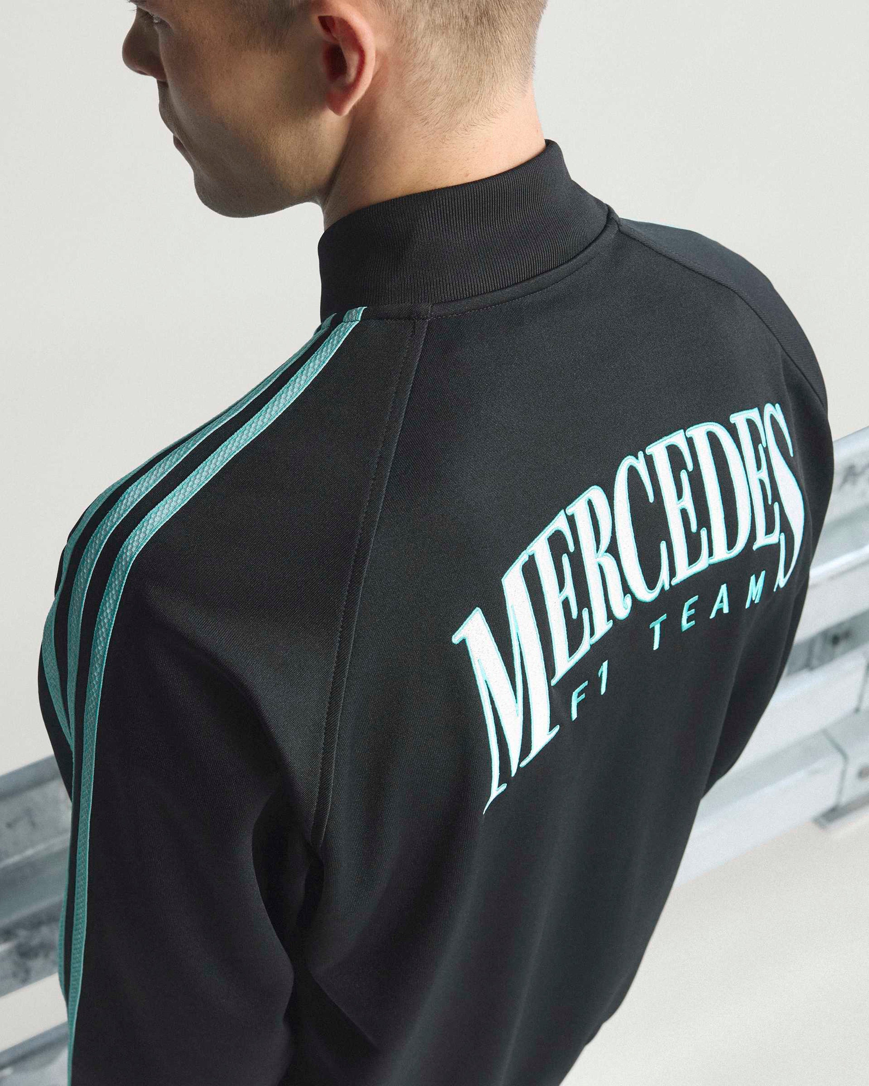 Mens Las Vegas Track Top Black/Teal — close-up design detail showing Mercedes-AMG PETRONAS F1 styling and product details | Dash Racegear
