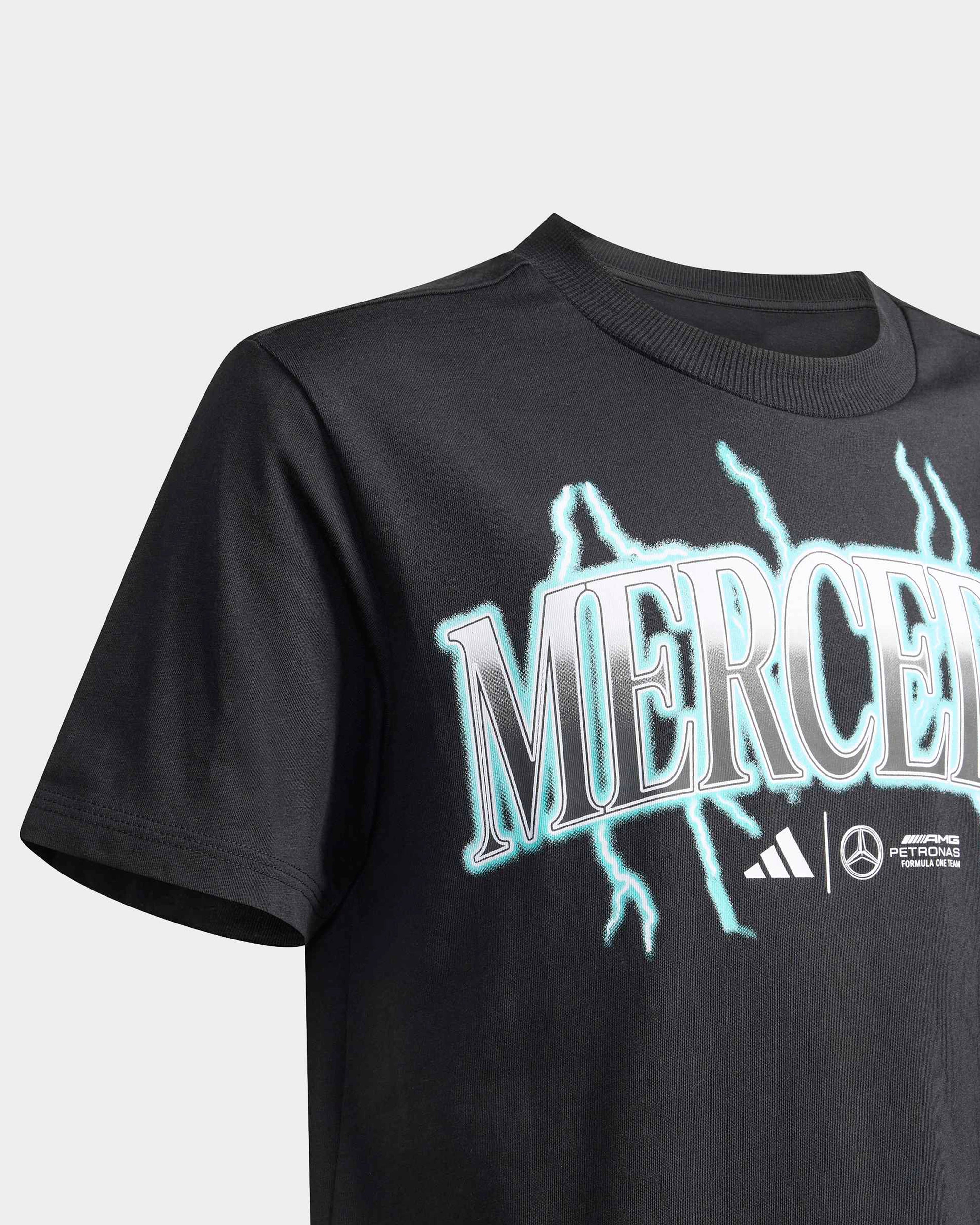 Kids Mercedes Graphic T-shirt Black — close-up design detail showing Mercedes-AMG PETRONAS F1 styling and product details | Dash Racegear