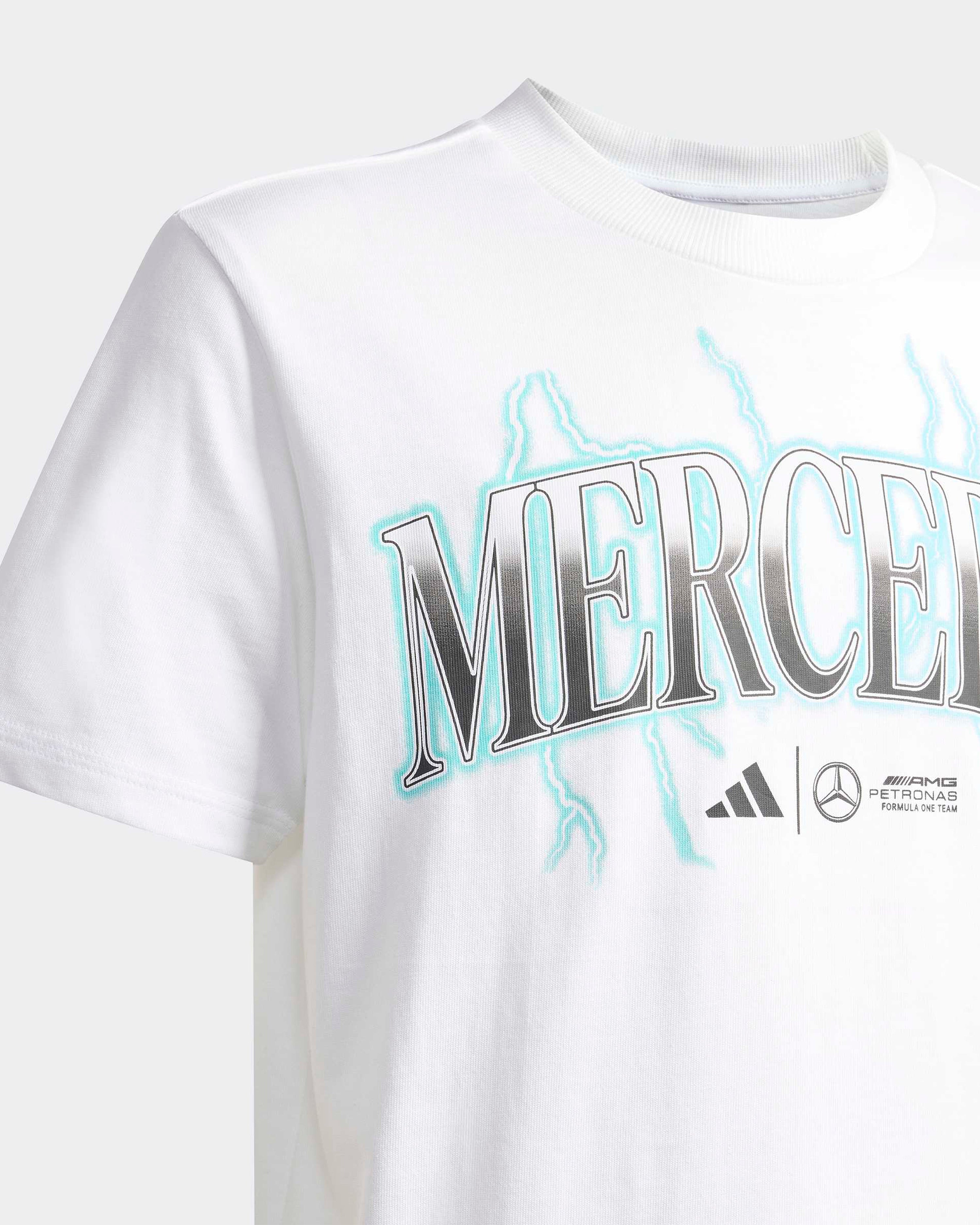 Kids Mercedes Graphic T-shirt White — close-up design detail showing Mercedes-AMG PETRONAS F1 styling and product details | Dash Racegear