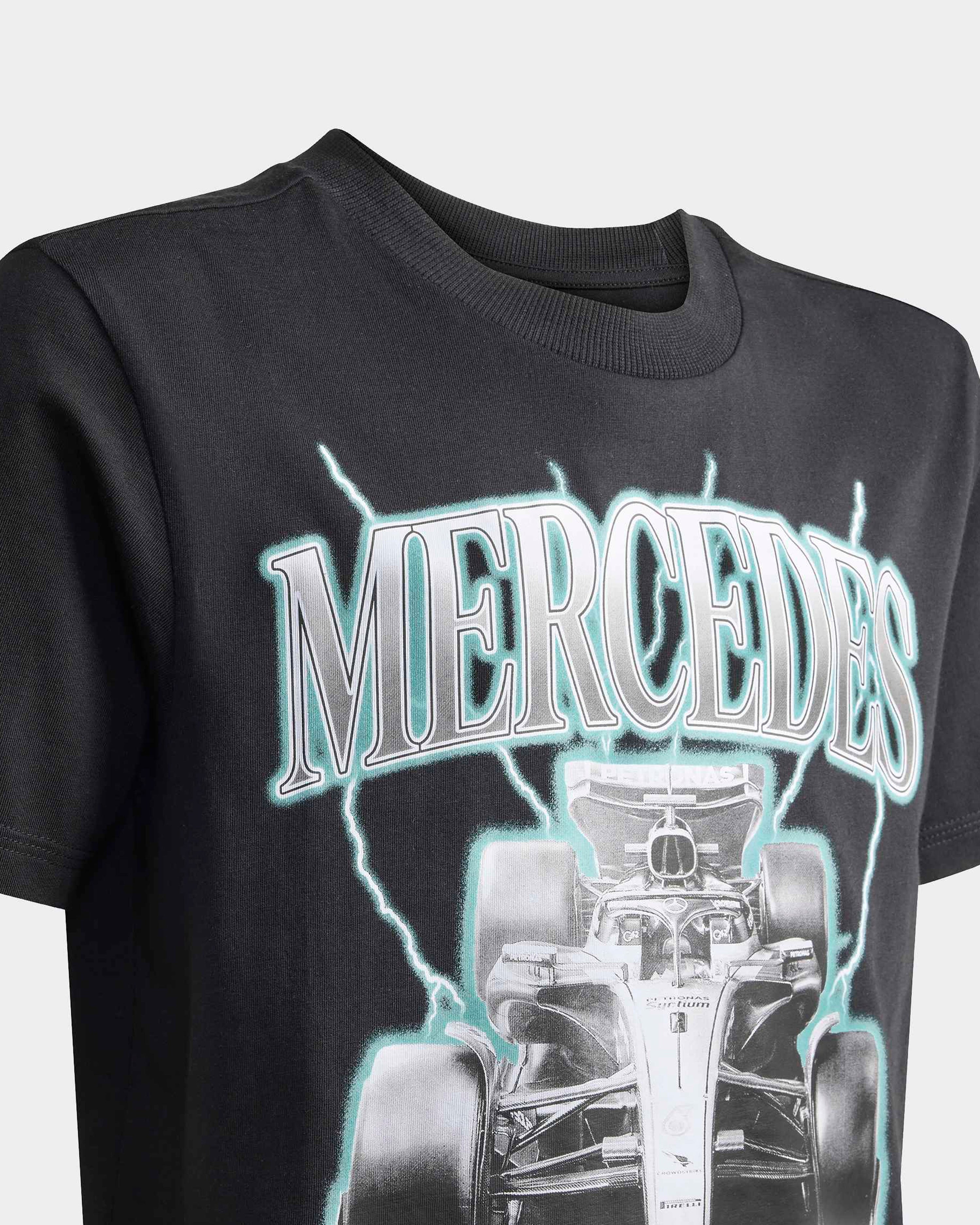 Mens Champions Graphic T-shirt Black — close-up design detail showing Mercedes-AMG PETRONAS F1 styling and product details | Dash Racegear