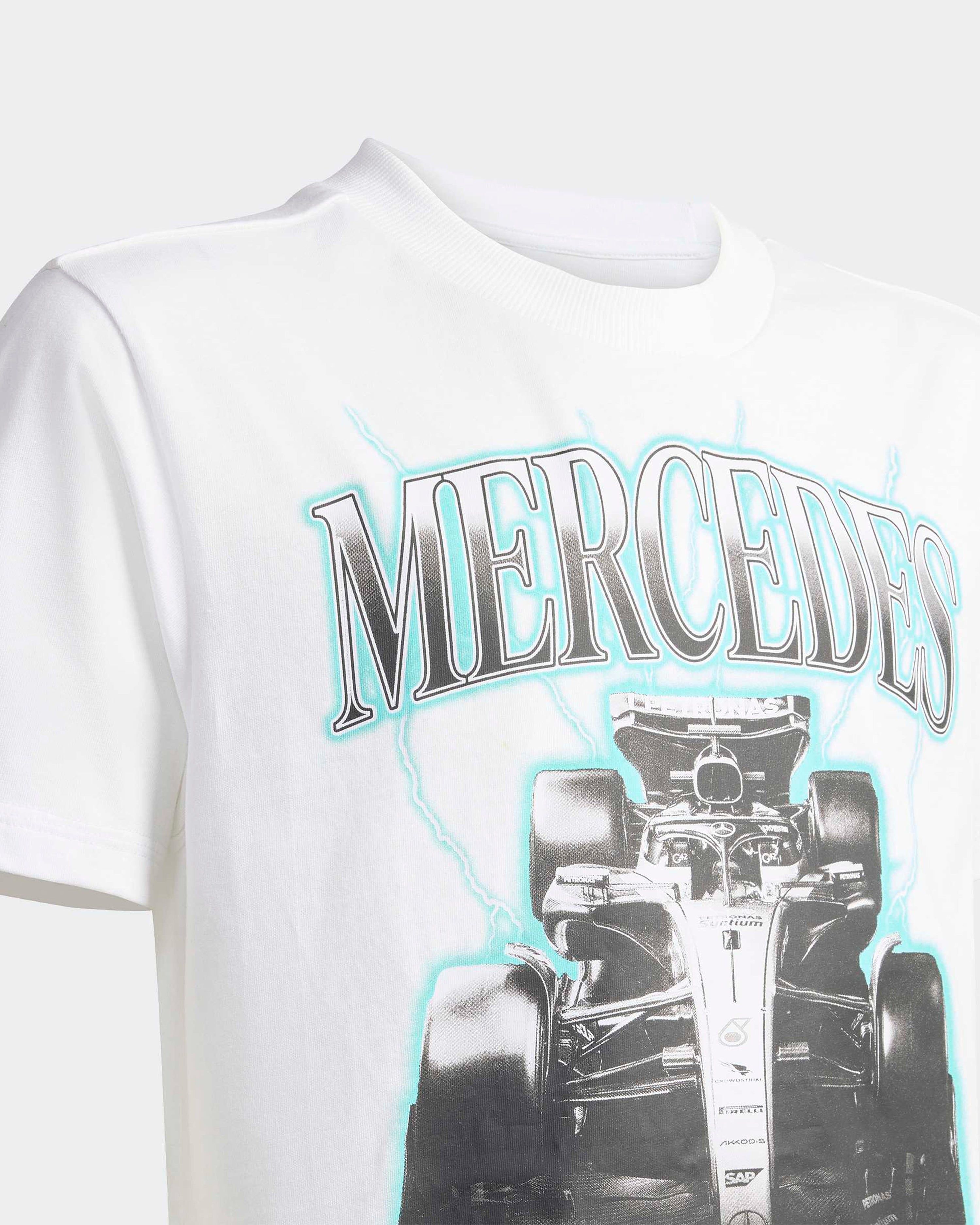 Kids Champions Graphic T-shirt White — close-up design detail showing Mercedes-AMG PETRONAS F1 styling and product details | Dash Racegear