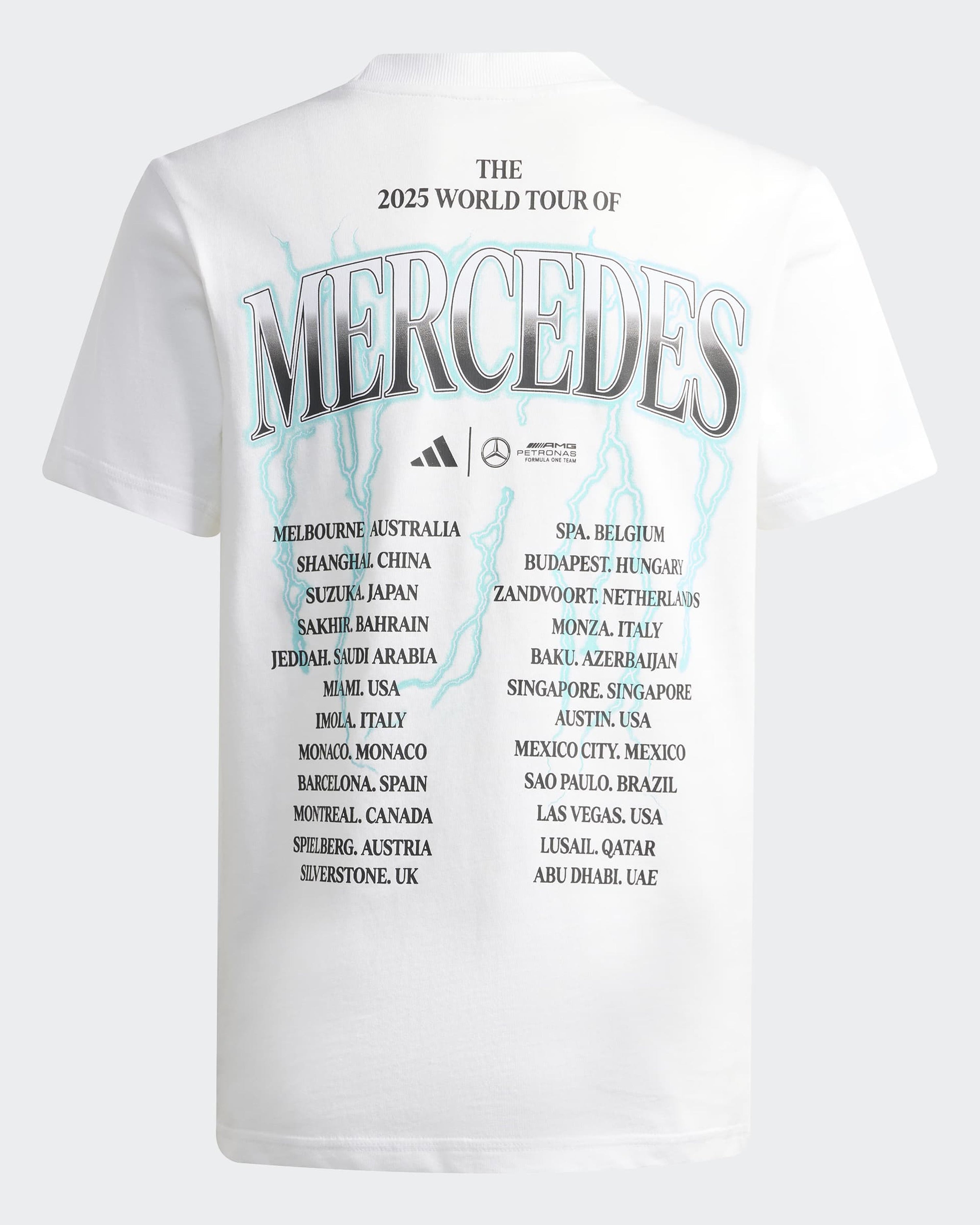 Mens World Tour Graphic T-shirt White — alternate product angle showing Mercedes-AMG PETRONAS F1 styling and product details | Dash Racegear