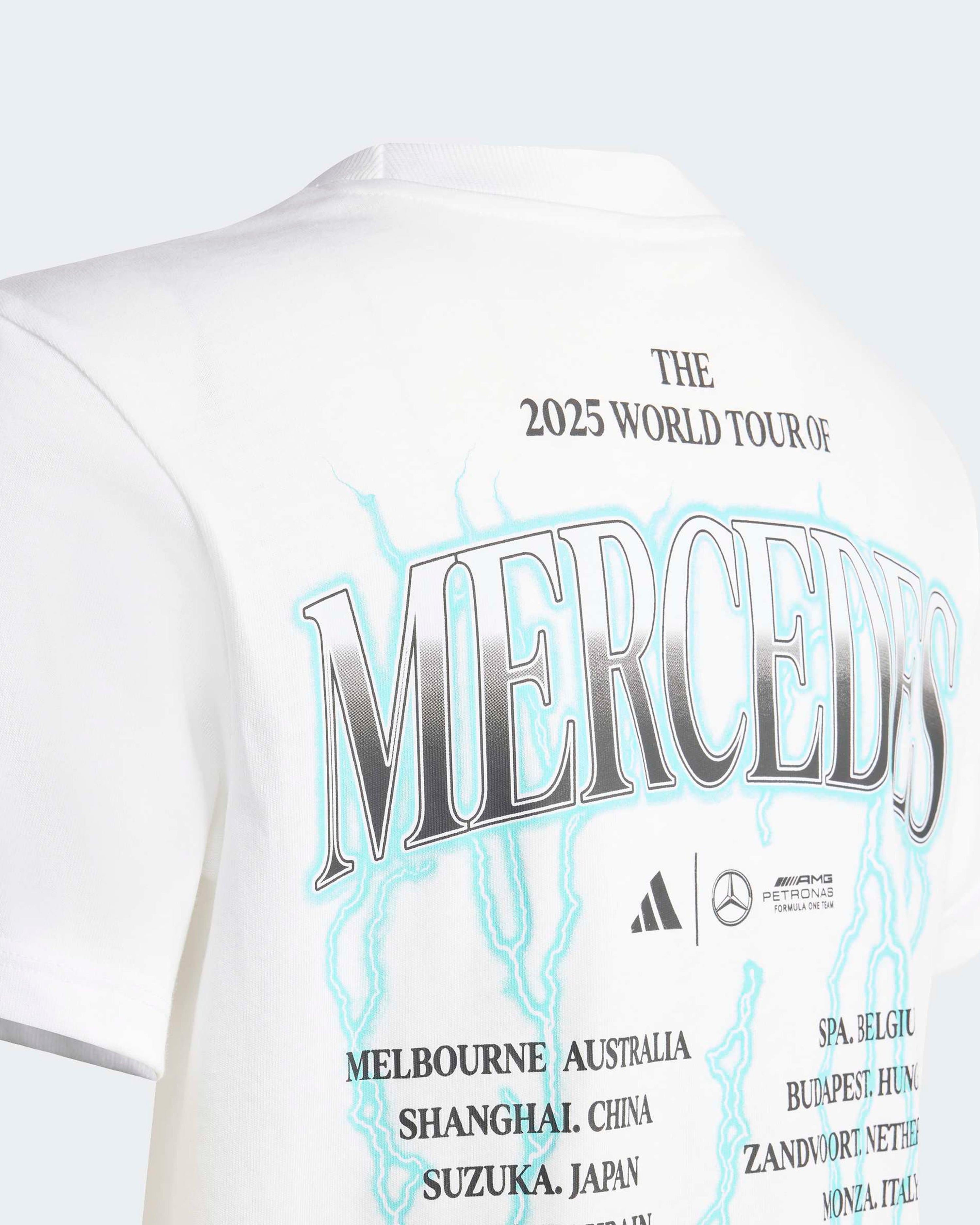 Kids World Tour Graphic T-shirt White — close-up design detail showing Mercedes-AMG PETRONAS F1 styling and product details | Dash Racegear
