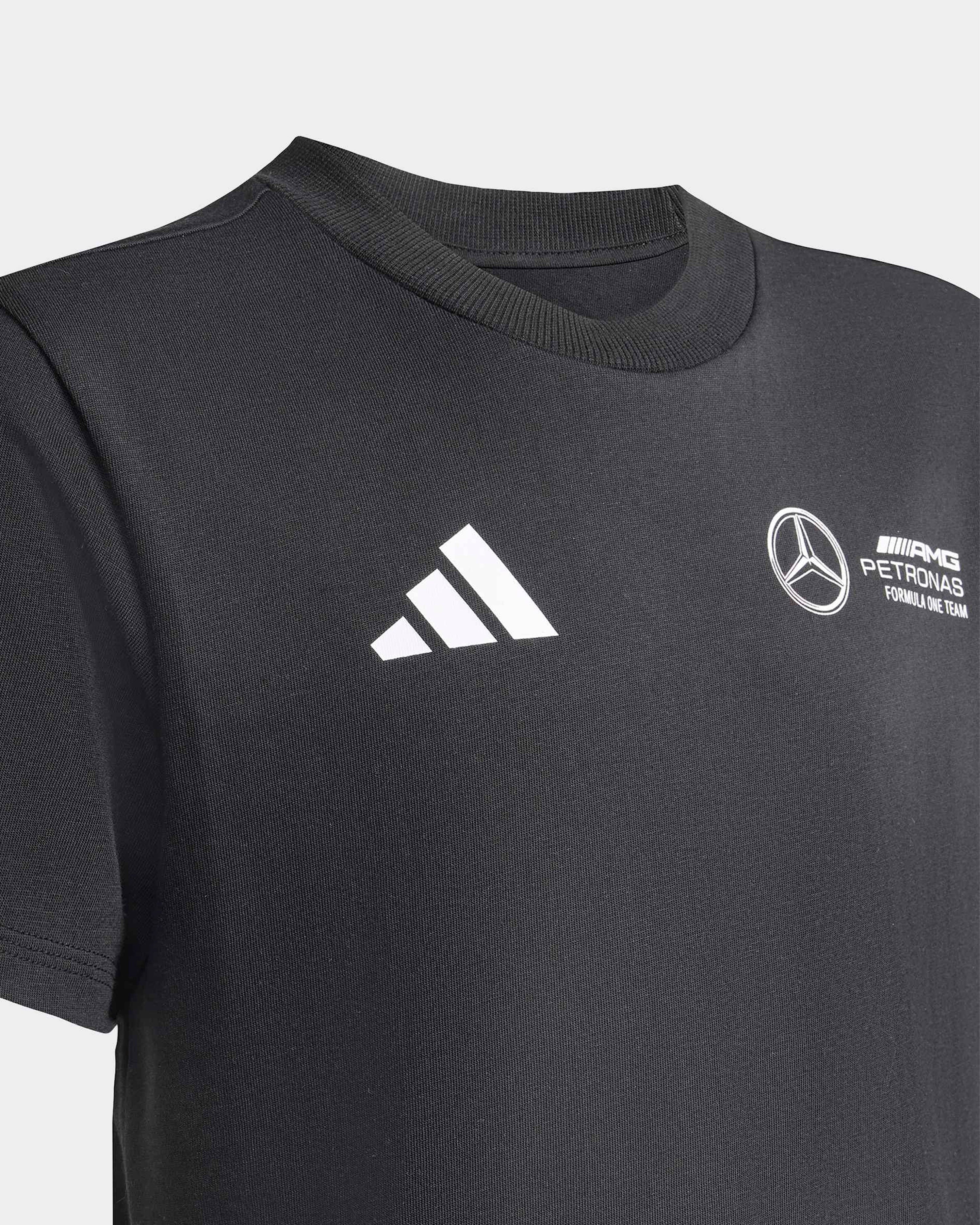Kids World Tour Graphic T-shirt Black — close-up design detail showing Mercedes-AMG PETRONAS F1 styling and product details | Dash Racegear