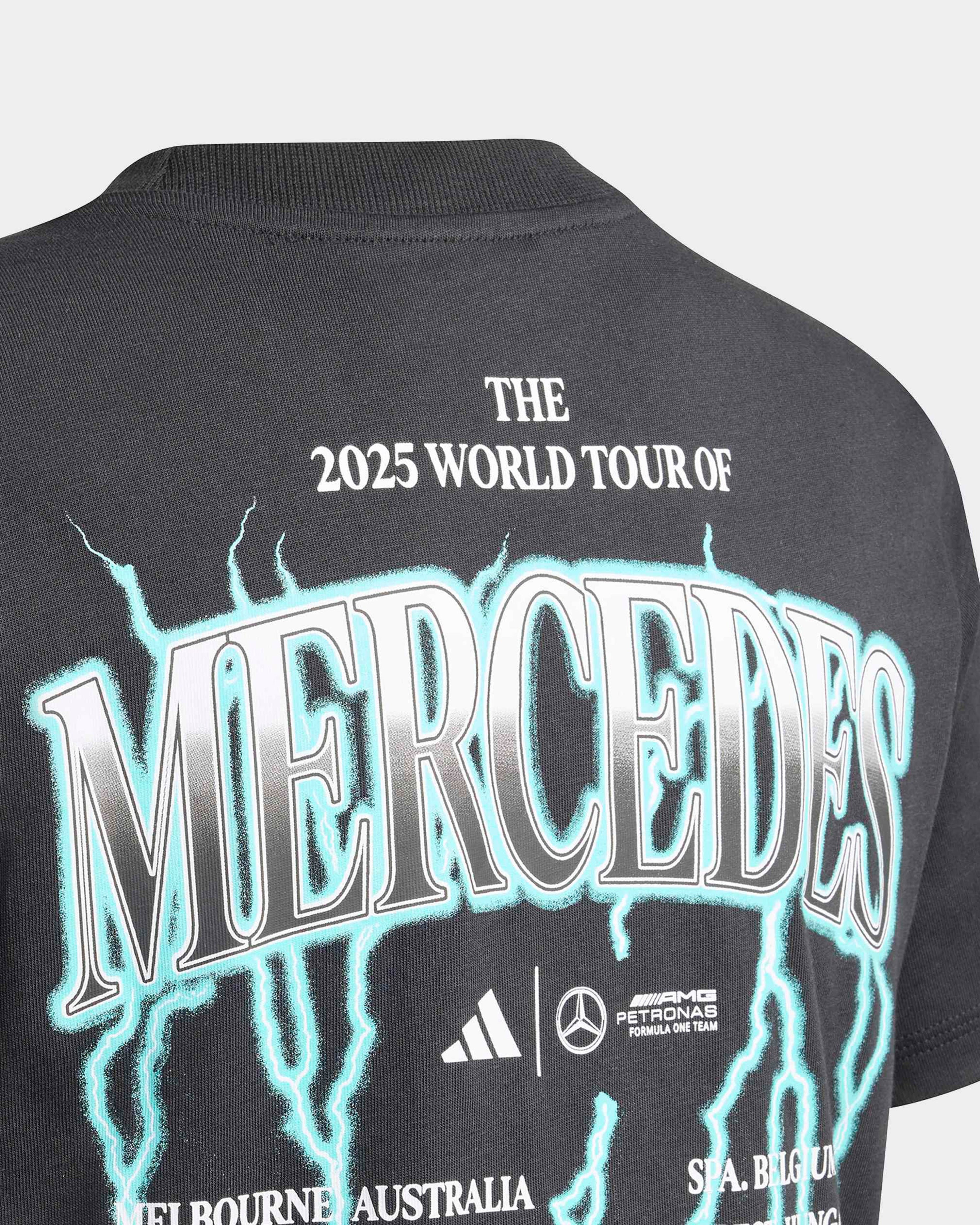 Mens World Tour Graphic T-shirt Black — close-up design detail showing Mercedes-AMG PETRONAS F1 styling and product details | Dash Racegear