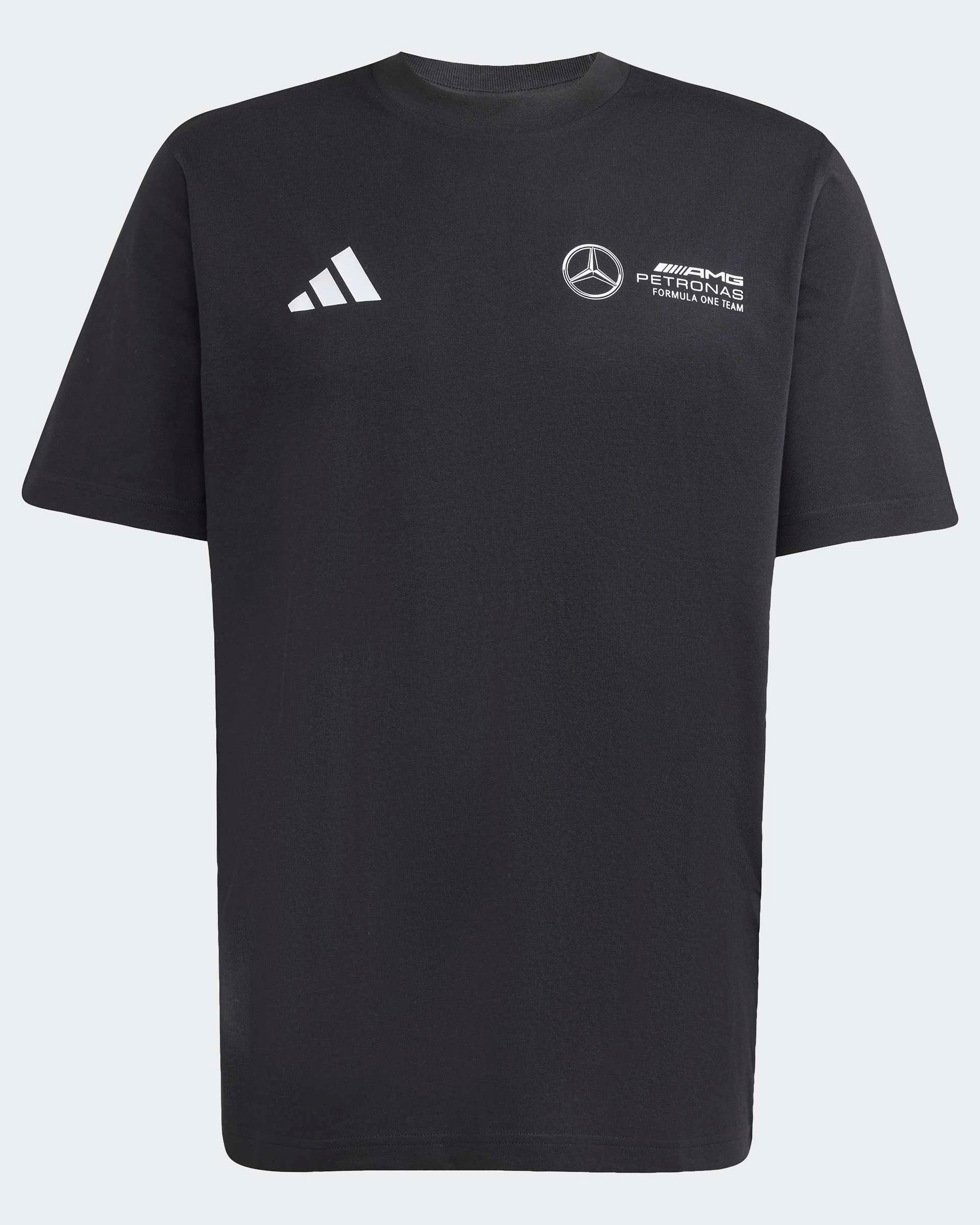 Mens World Tour Graphic T-shirt Black — primary product view showing Mercedes-AMG PETRONAS F1 styling and product details | Dash Racegear