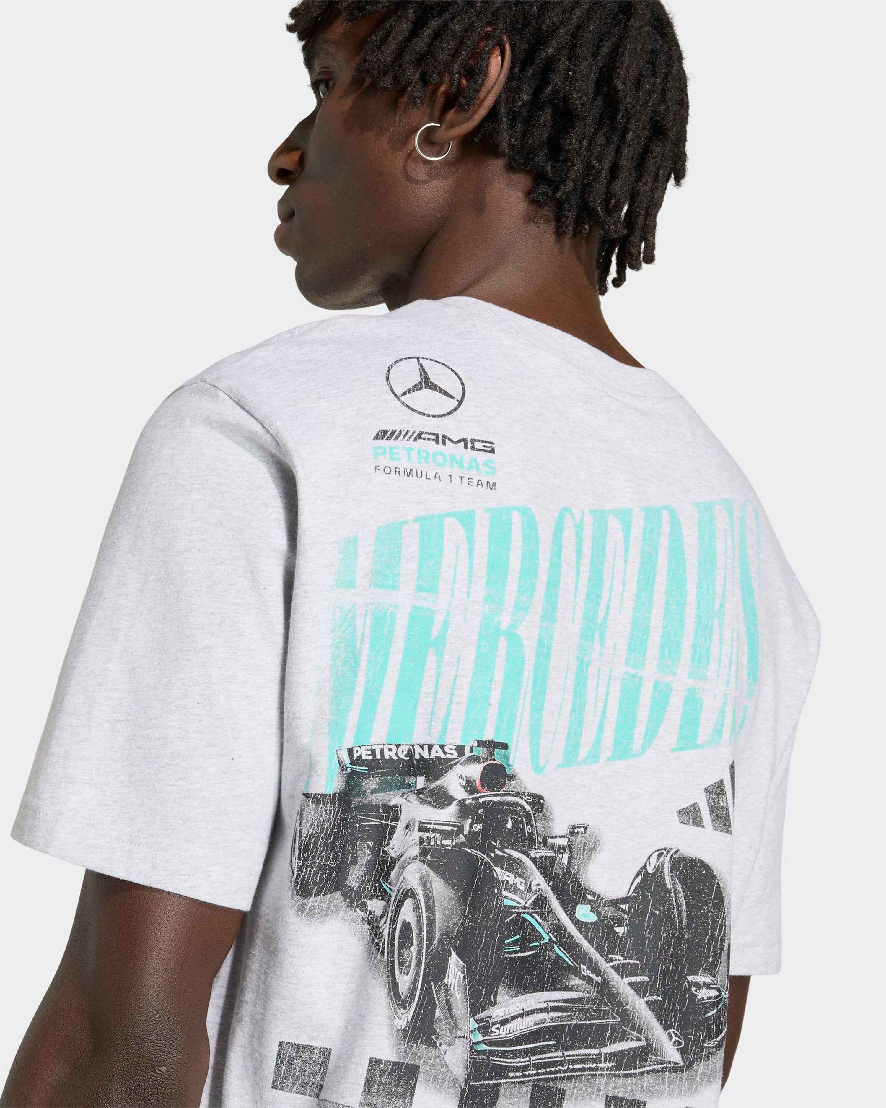 Mens Graphic Overtake T-shirt Grey — additional product detail showing Mercedes-AMG PETRONAS F1 styling and product details | Dash Racegear