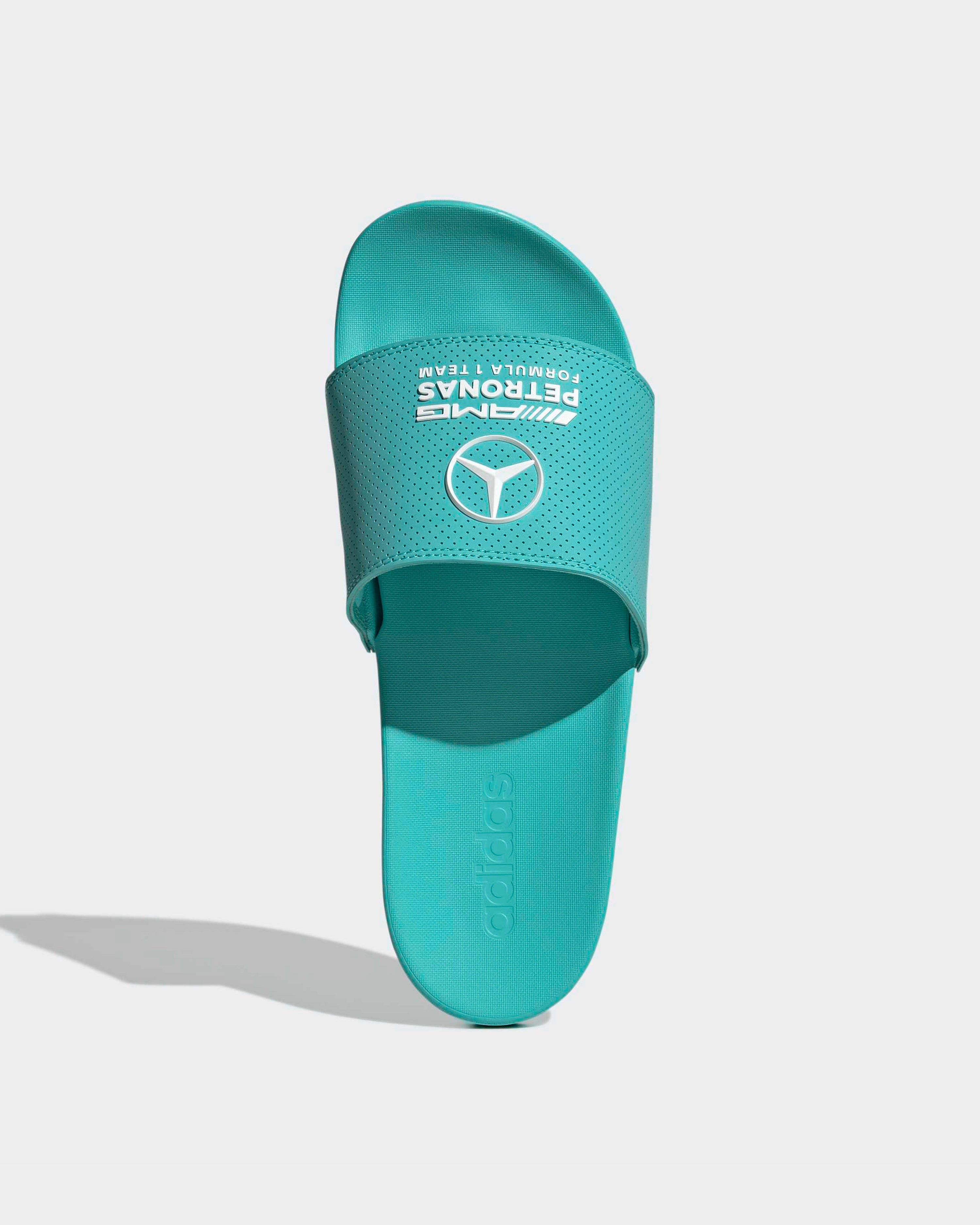 Adilette Comfort Slides Teal — alternate product angle showing Mercedes-AMG PETRONAS F1 styling and product details | Dash Racegear