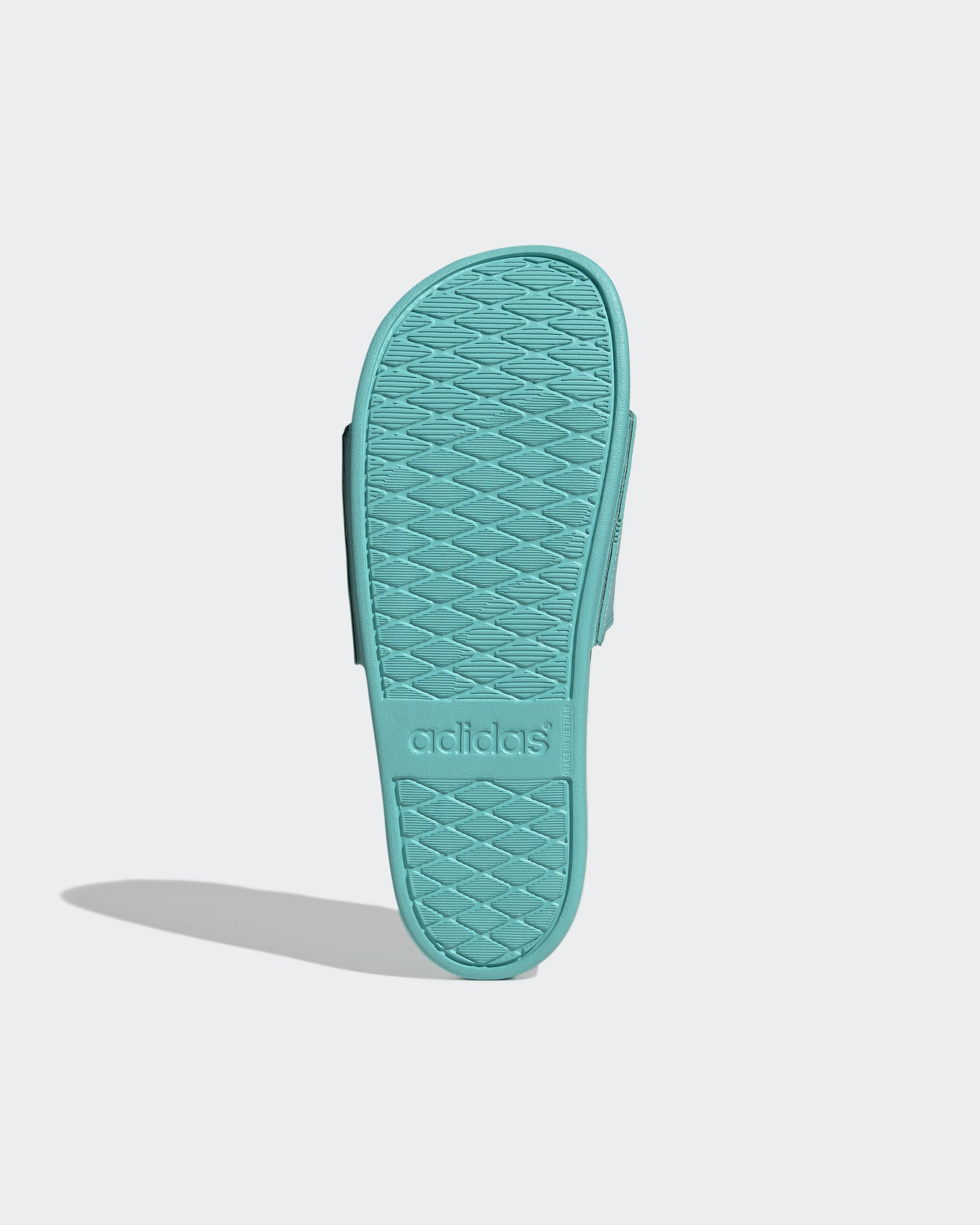 Adilette Comfort Slides Teal — close-up design detail showing Mercedes-AMG PETRONAS F1 styling and product details | Dash Racegear