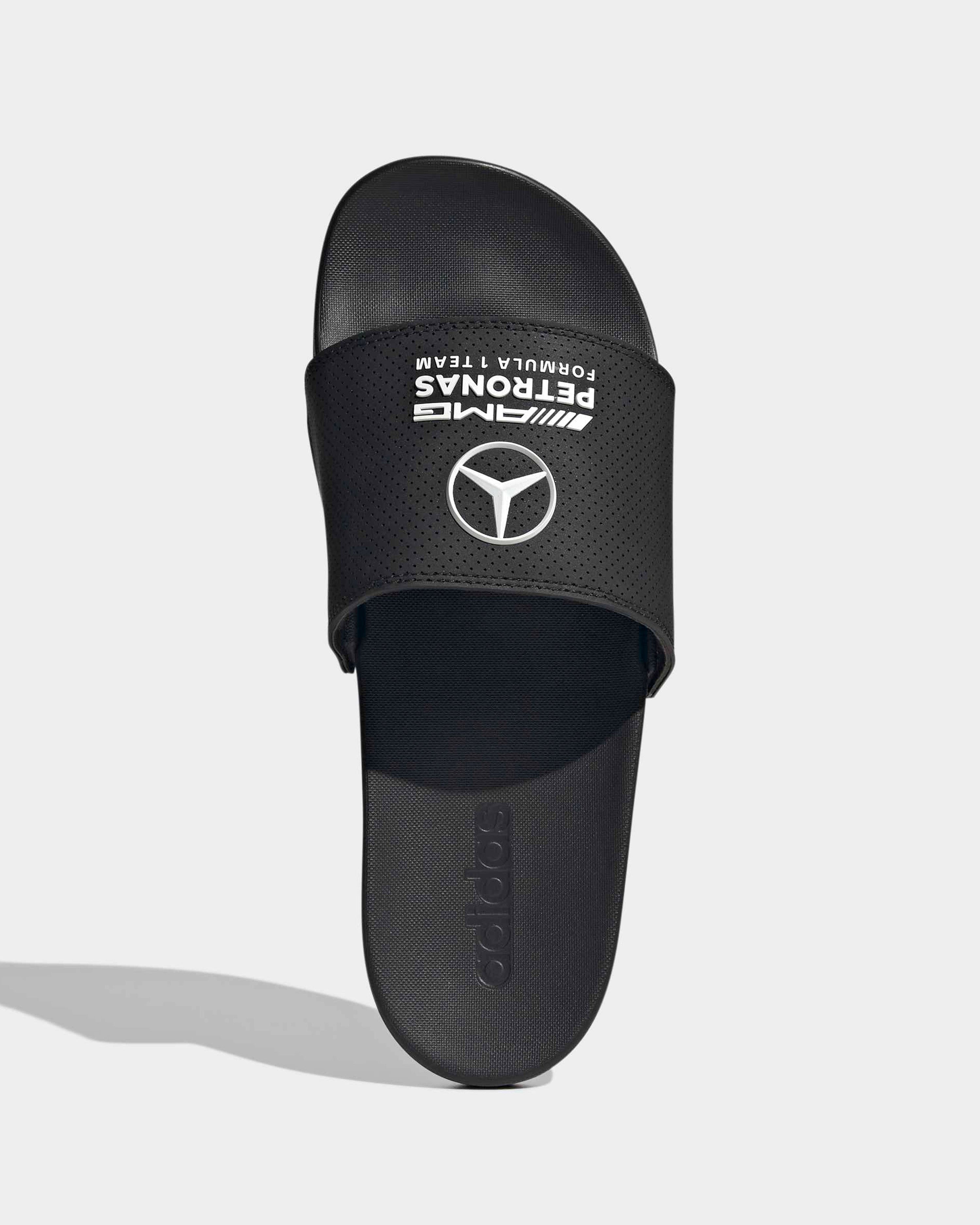 Adilette Comfort Slides Black — alternate product angle showing Mercedes-AMG PETRONAS F1 styling and product details | Dash Racegear